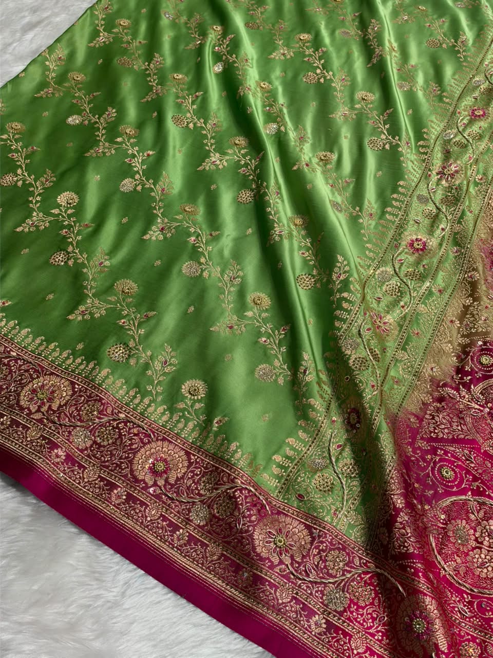 Pista Green and Rani Pink Contrast Banarasi Satin Katan Saree With Aari Zardozi Work Boota in Cross Dusty Blue Shades BSK157