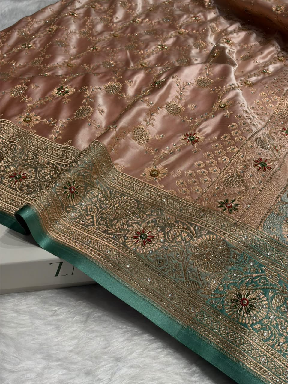 Banarasi Satin Katan With Ari Stone Work Saree in Contrast Peach / Turquoise Shade BSK132