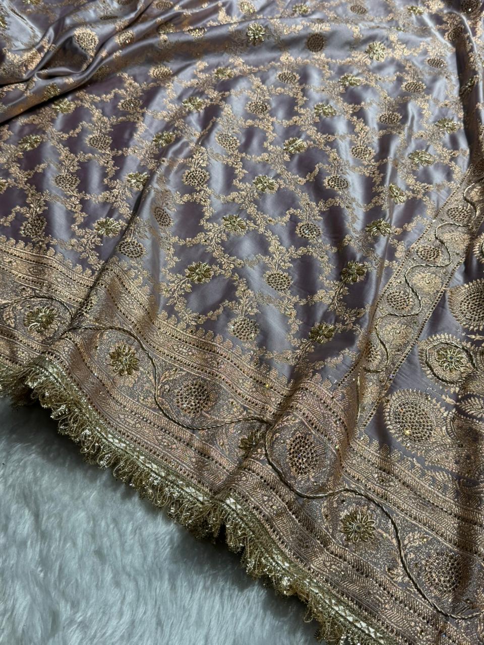 Pastel Grape lavender Swavroski & Zardozi Work With Gotta Patti Jaal Pattern Satin Katan Silk Saree BSKGP25
