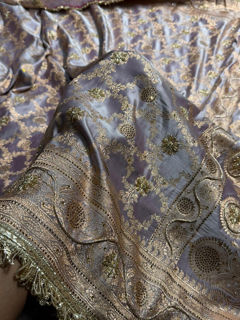 Pastel Grape lavender Swavroski & Zardozi Work With Gotta Patti Jaal Pattern Satin Katan Silk Saree BSKGP25