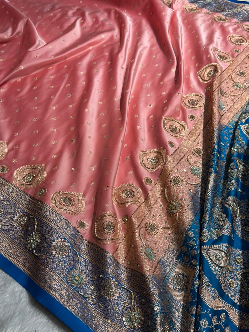 Baby Pink with firozy Contrast Booti With Ari & Zardozi Work Satin Katan Silk saree BSK29