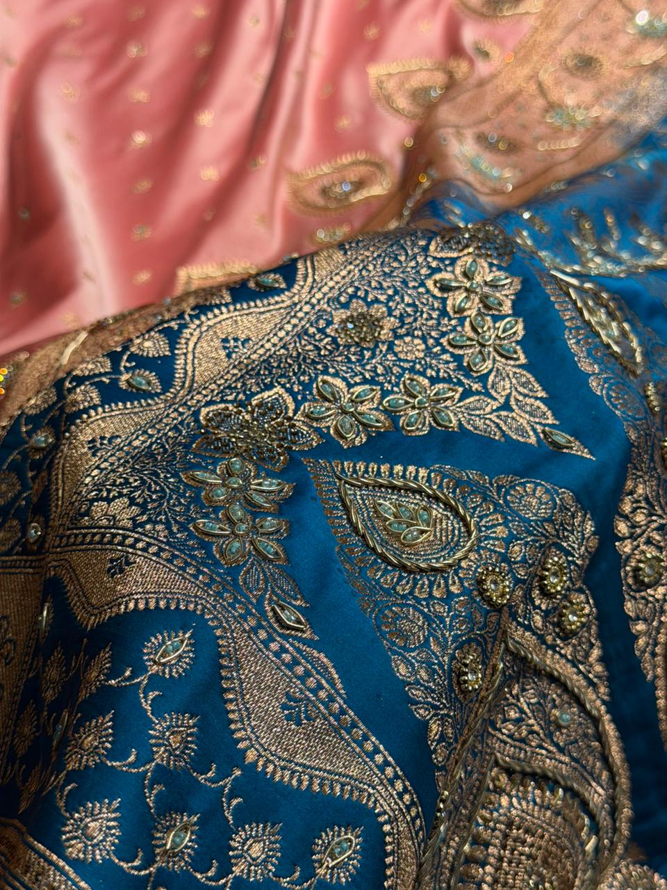 Baby Pink with firozy Contrast Booti With Ari & Zardozi Work Satin Katan Silk saree BSK29