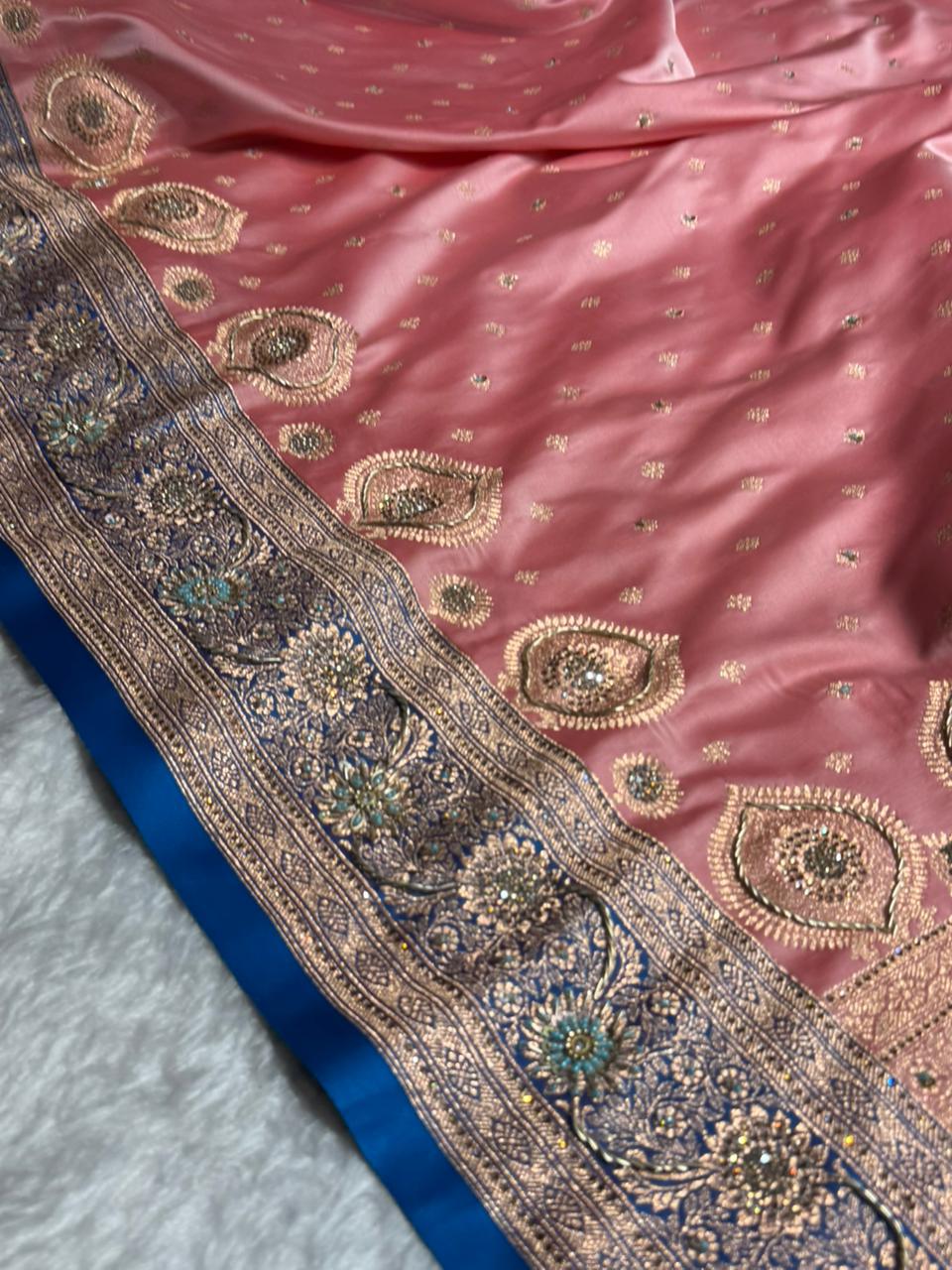 Baby Pink with firozy Contrast Booti With Ari & Zardozi Work Satin Katan Silk saree BSK29