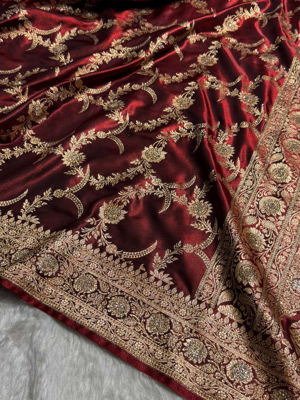Maroon Shades Swarovski Work Jaal Pattern Satin Silk Saree BSS18