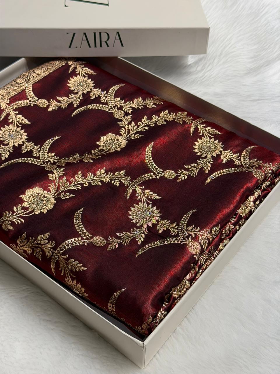 Maroon Shades Swarovski Work Jaal Pattern Satin Silk Saree BSS18
