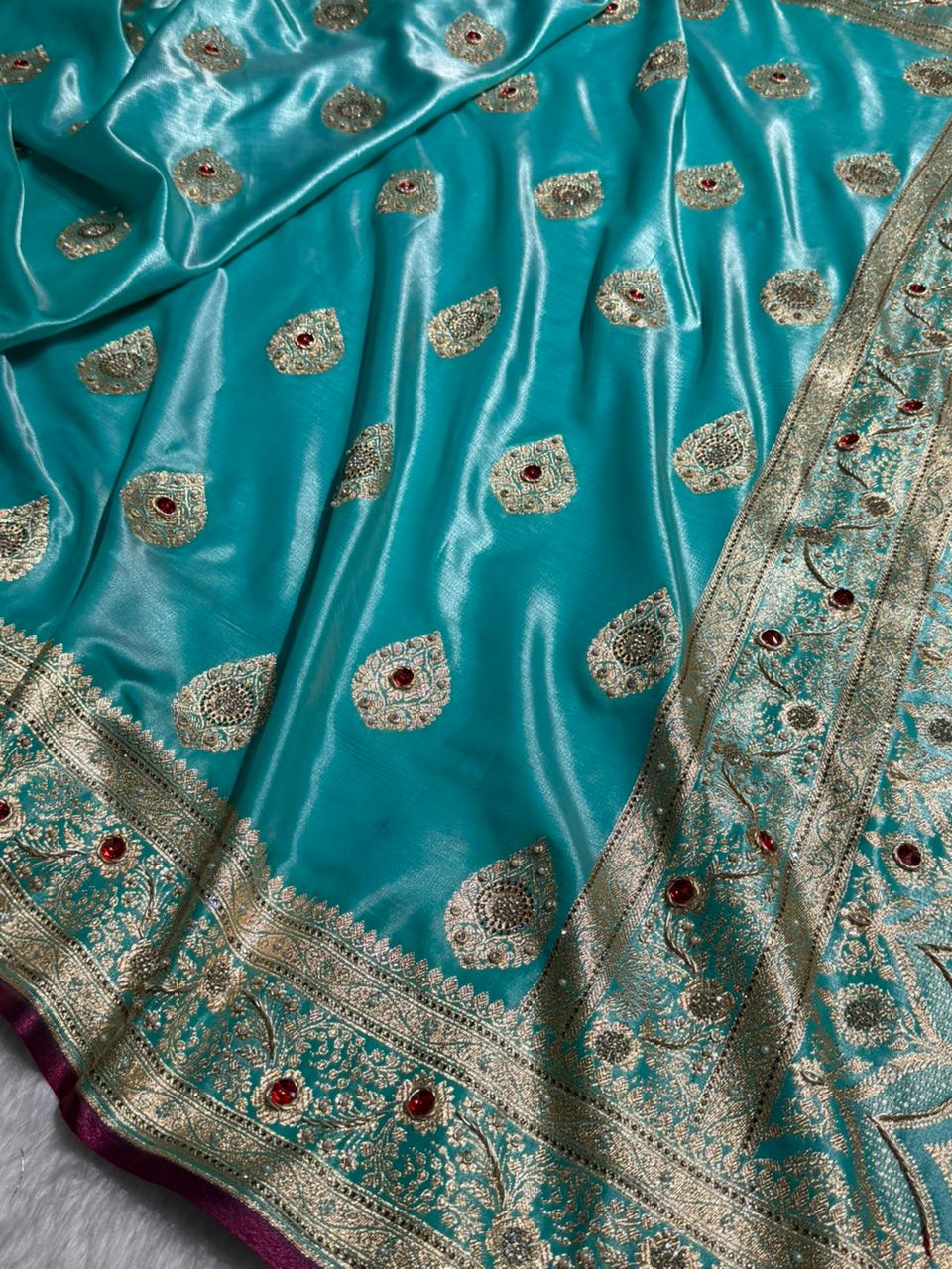Sky Blue Shades Banarasi Satin Silk Boota With Zardozi & Diamond Work BSS05 (E)