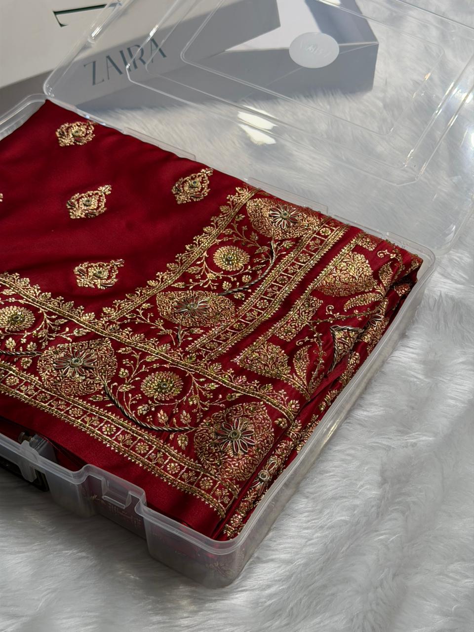 Maroon Banarasi Satin Katan Saree With Aari Zardozi Work Boota in Rust Shades BSK98