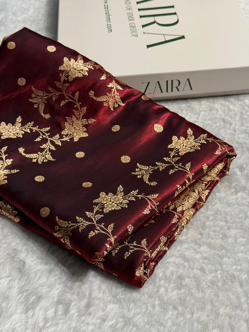Maroon Banarasi Satin Silk Saree with Gold Floral Booti SS65