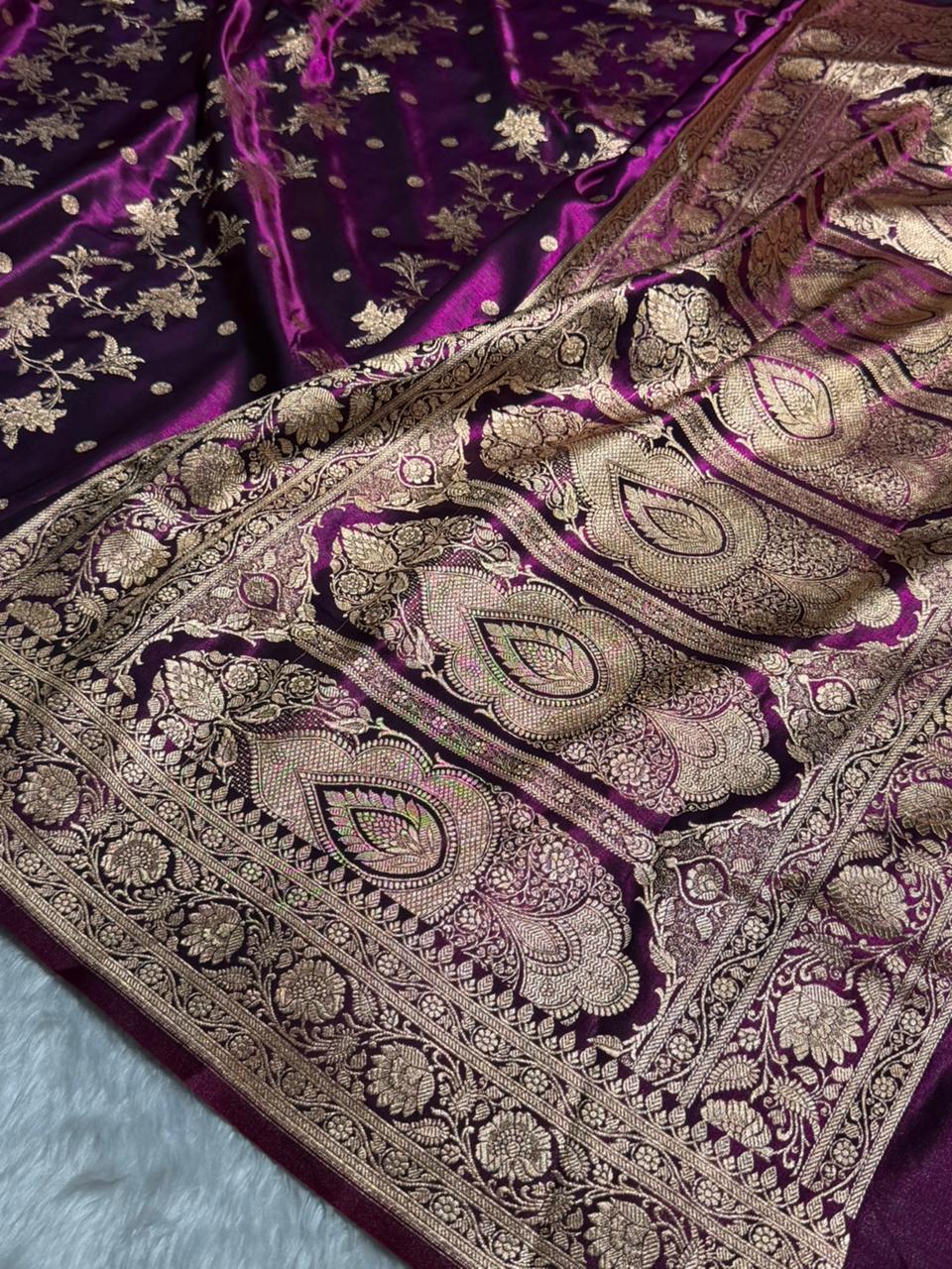 Wine Banarasi Satin Silk Saree with Gold Floral Booti SS65