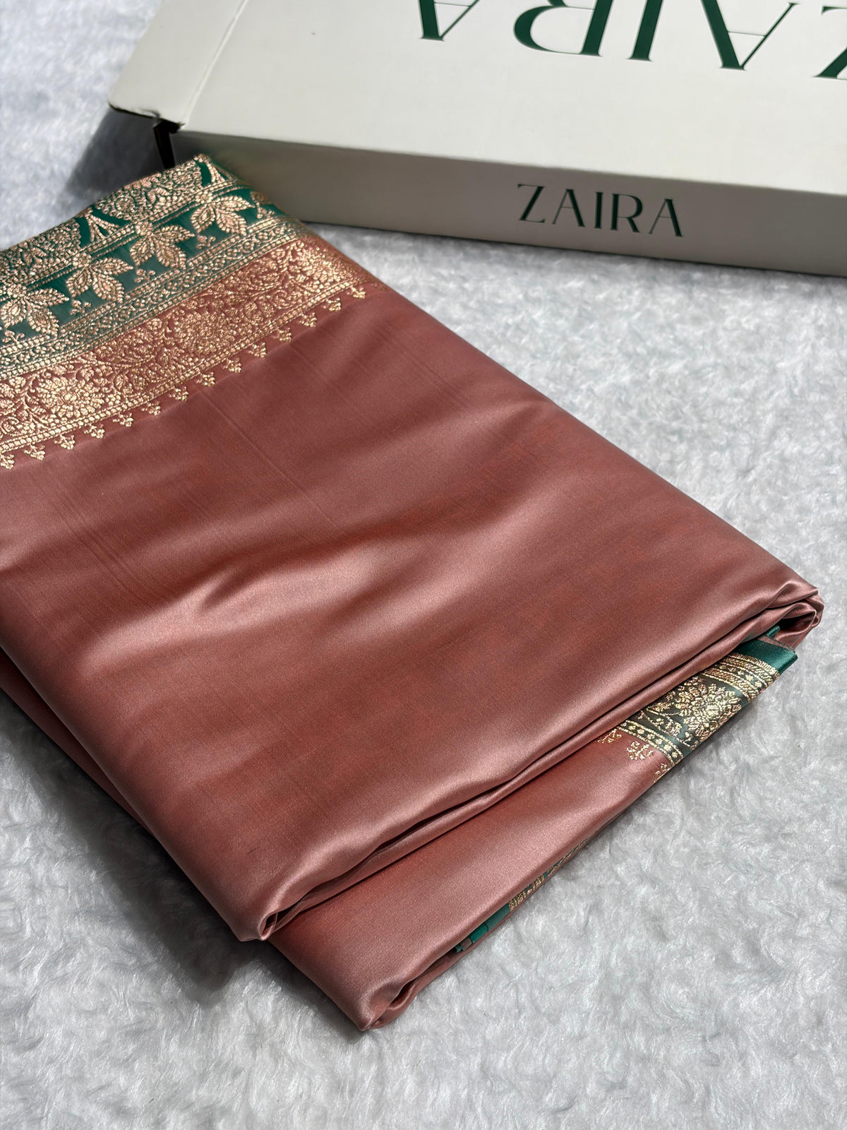 Banarasi Satin Katan Saree in Contrast Dusty Rose - Sea Green Shades SK131