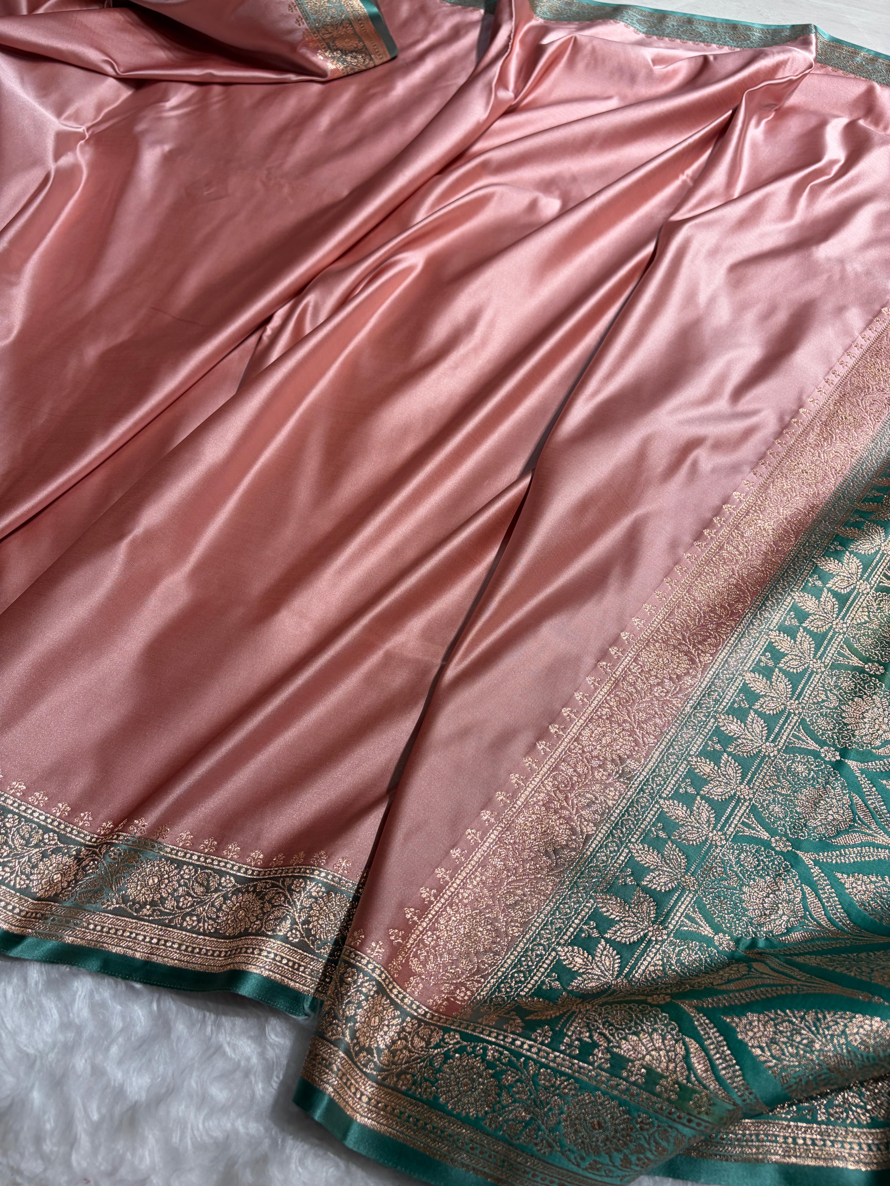 Banarasi Satin Katan Saree in Contrast Dusty Rose - Sea Green Shades SK131