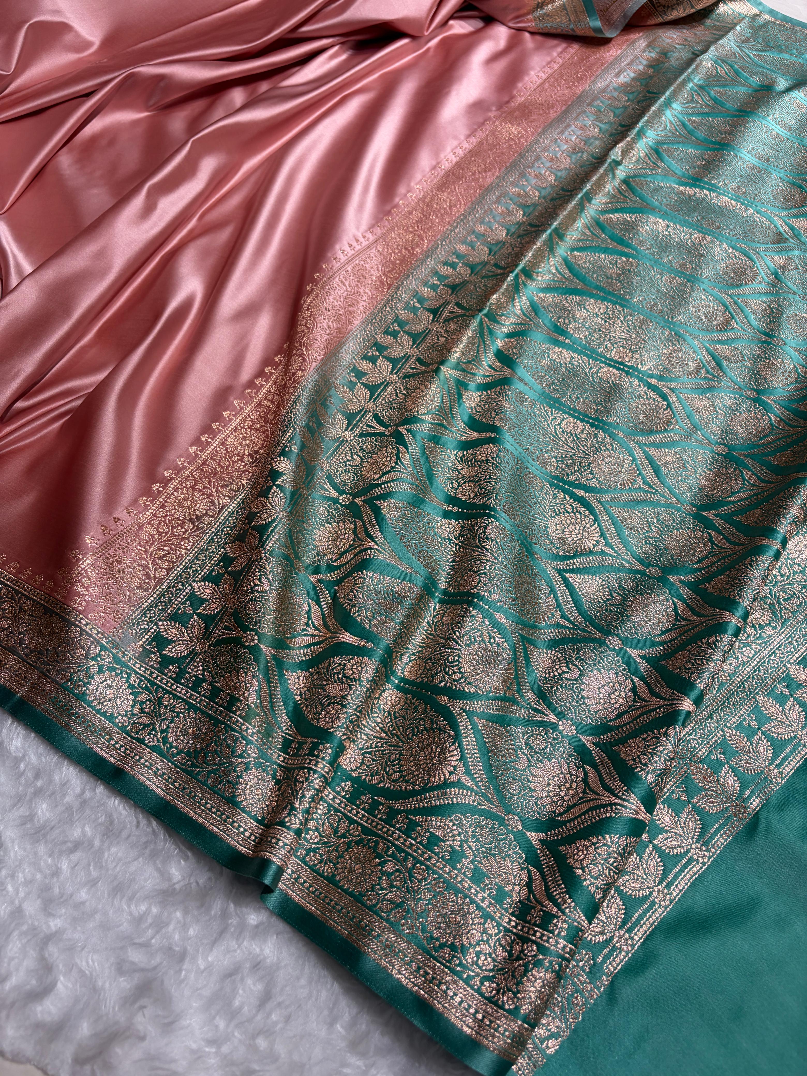 Banarasi Satin Katan Saree in Contrast Dusty Rose - Sea Green Shades SK131