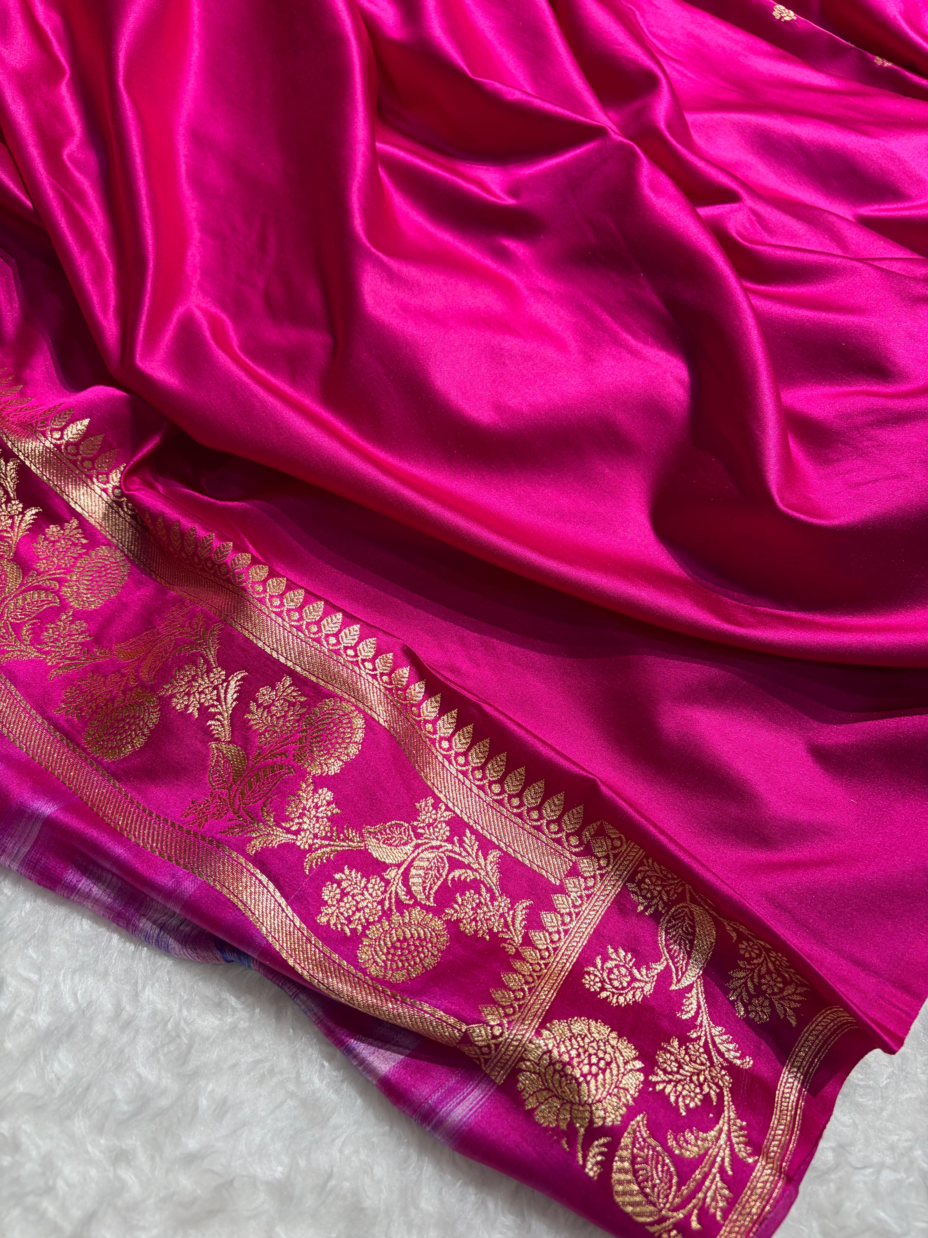 Rani Pink Floral Pattern Satin Katan Silk Saree SK77