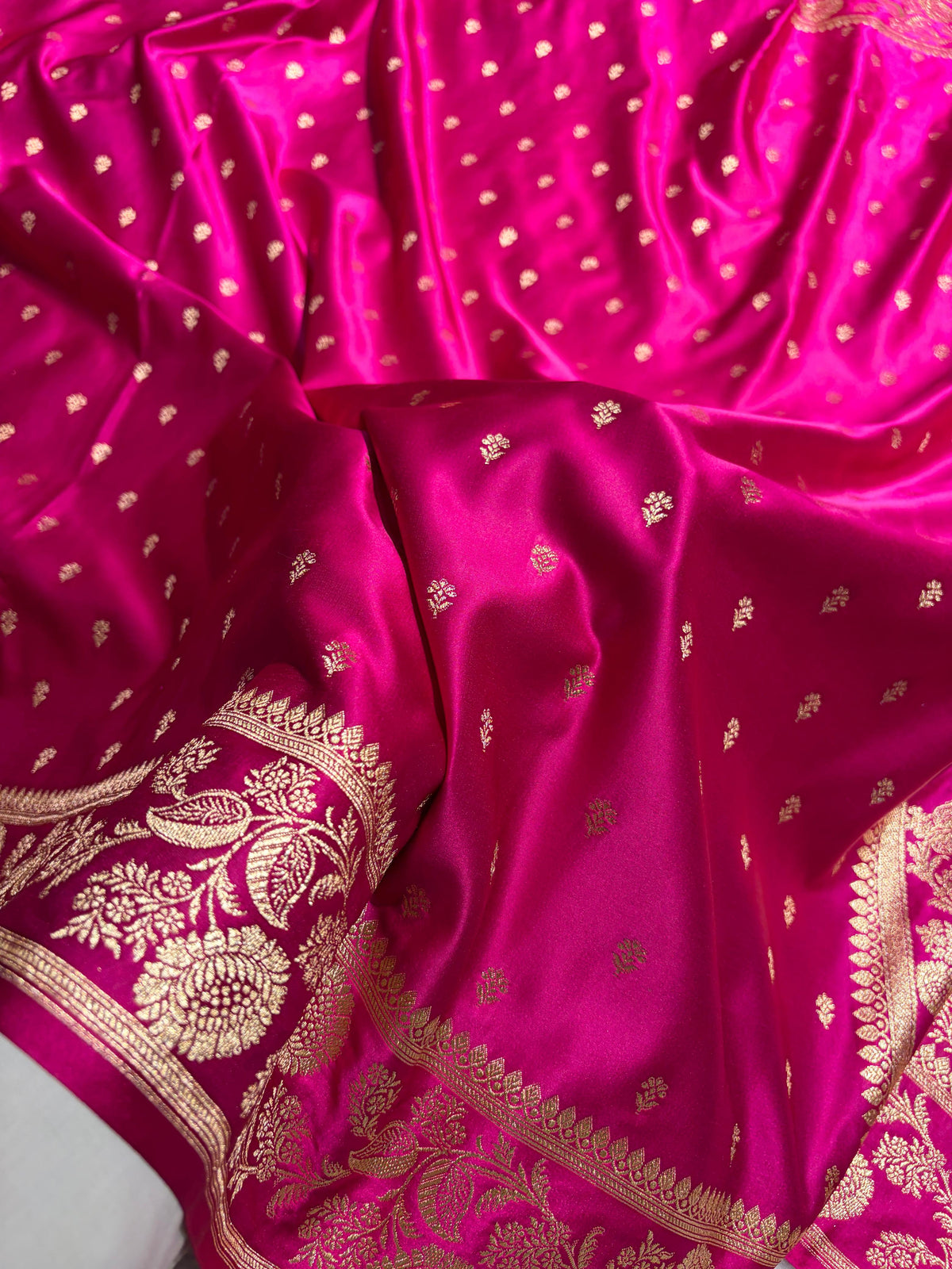 Rani Pink Floral Pattern Satin Katan Silk Saree SK77