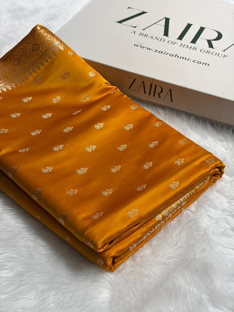 Mustard Banarasi Satin Katan Saree Floral Booti Pattern SK154