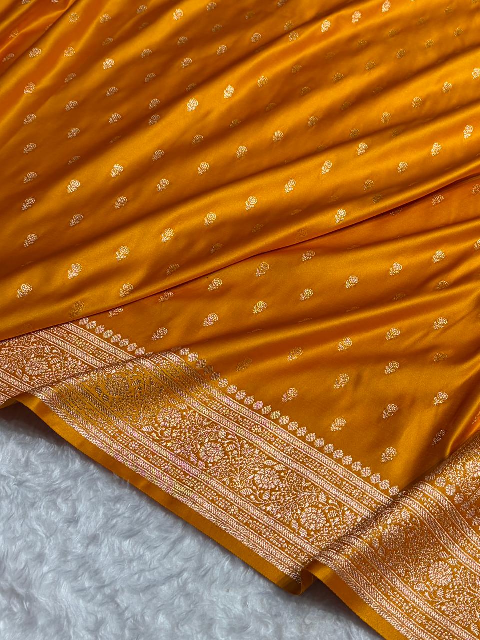 Mustard Banarasi Satin Katan Saree Floral Booti Pattern SK154