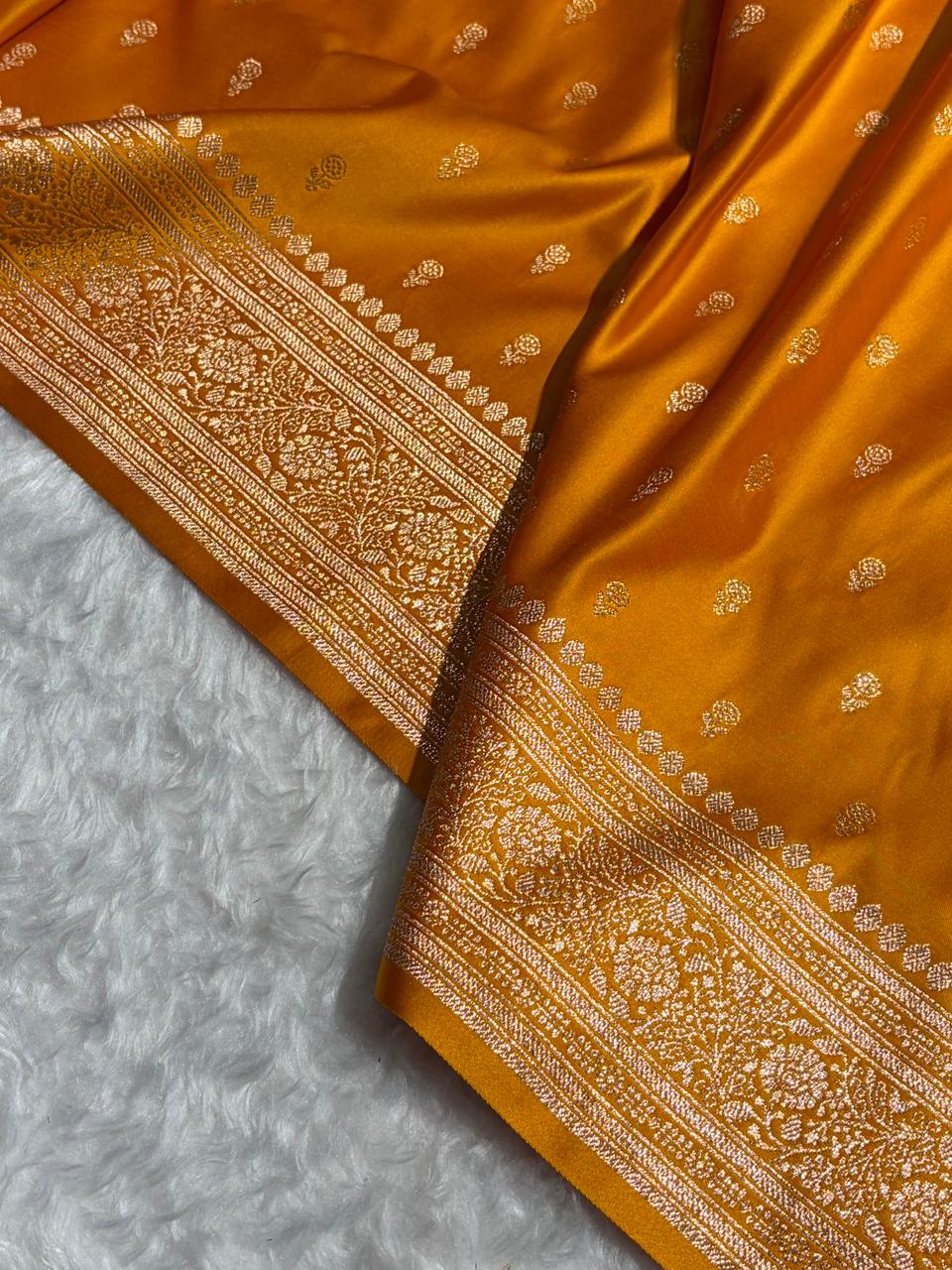 Mustard Banarasi Satin Katan Saree Floral Booti Pattern SK154