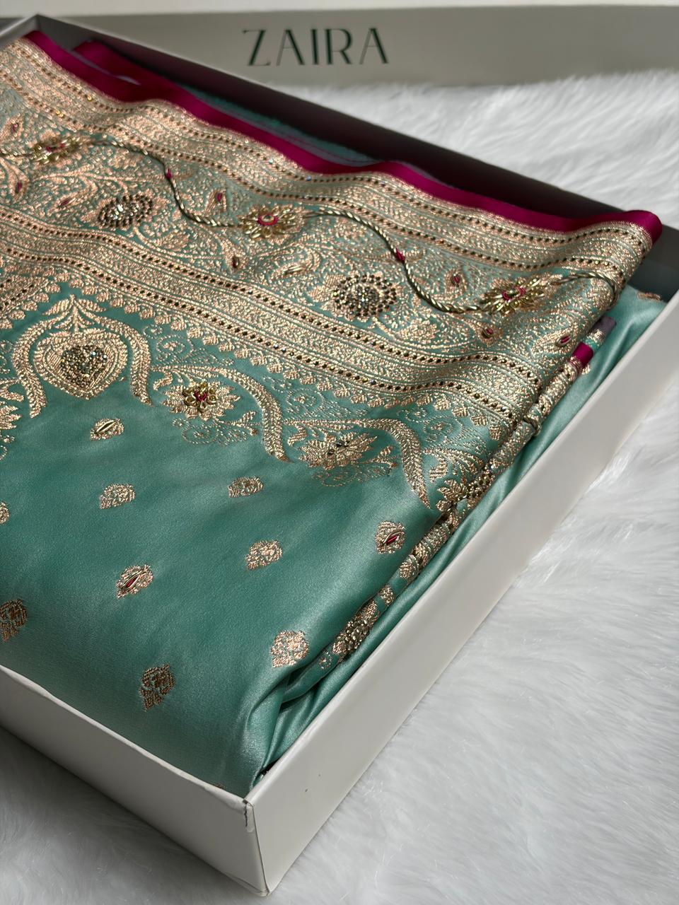 Banarasi Satin Katan Silk Saree With Ari Zardozi And Swarovski Work In Sea Green Shades BSK08