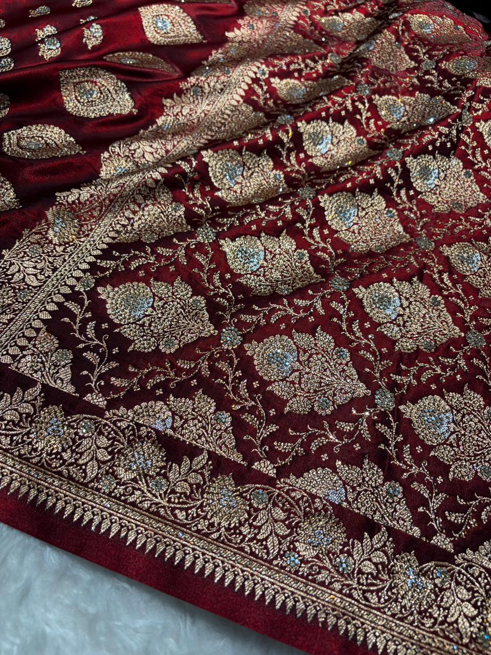 Banarasi Bridal Satin Silk Meena Boota in Maroon Shades BSS38
