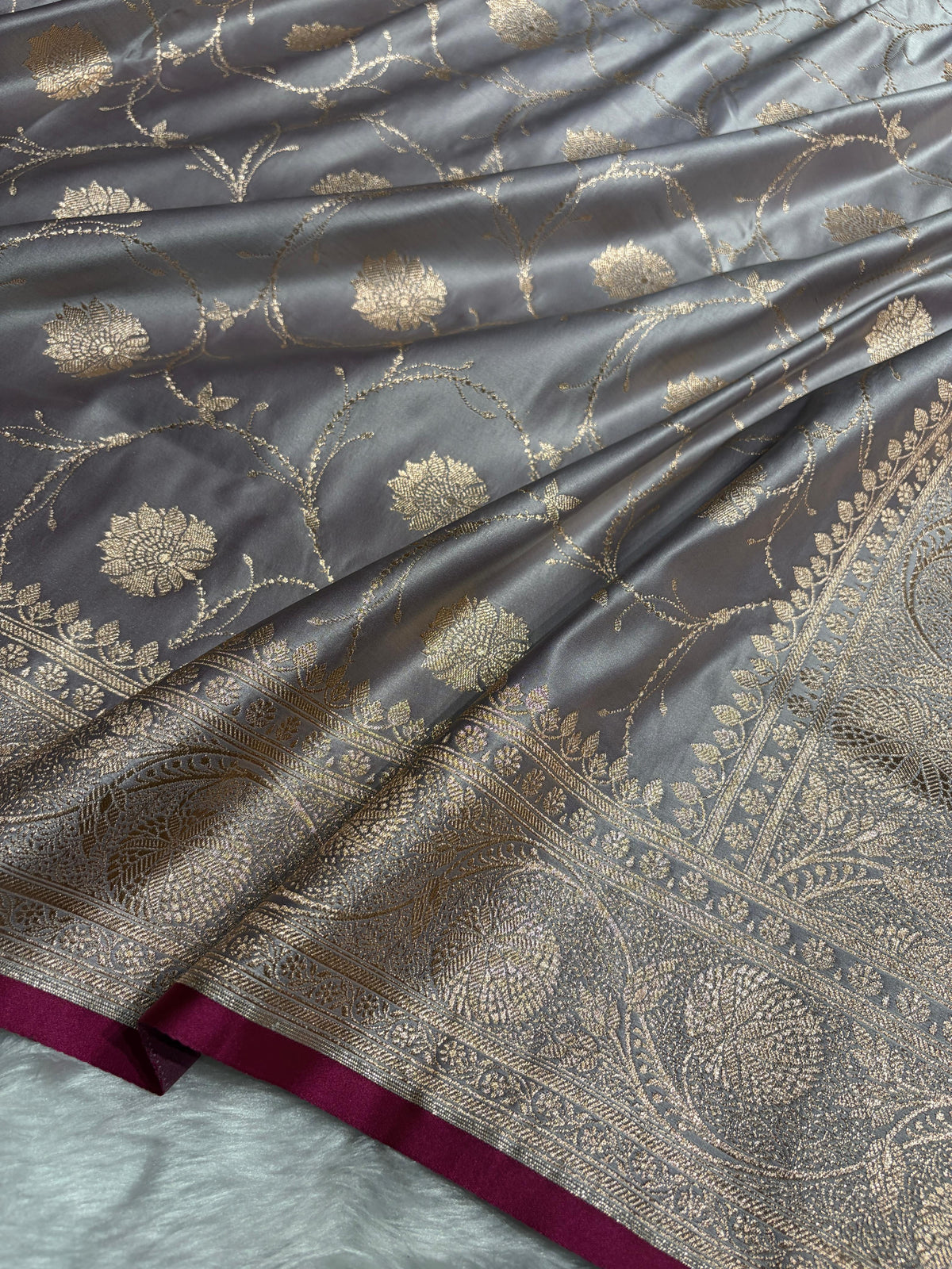 Grey Banarasi Jaal Satin Katan Silk Saree SK06