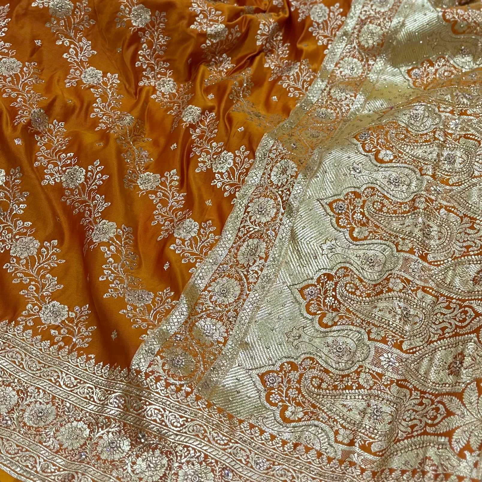 Fire Gold Satin Katan Saree with Ari and Stone Work
