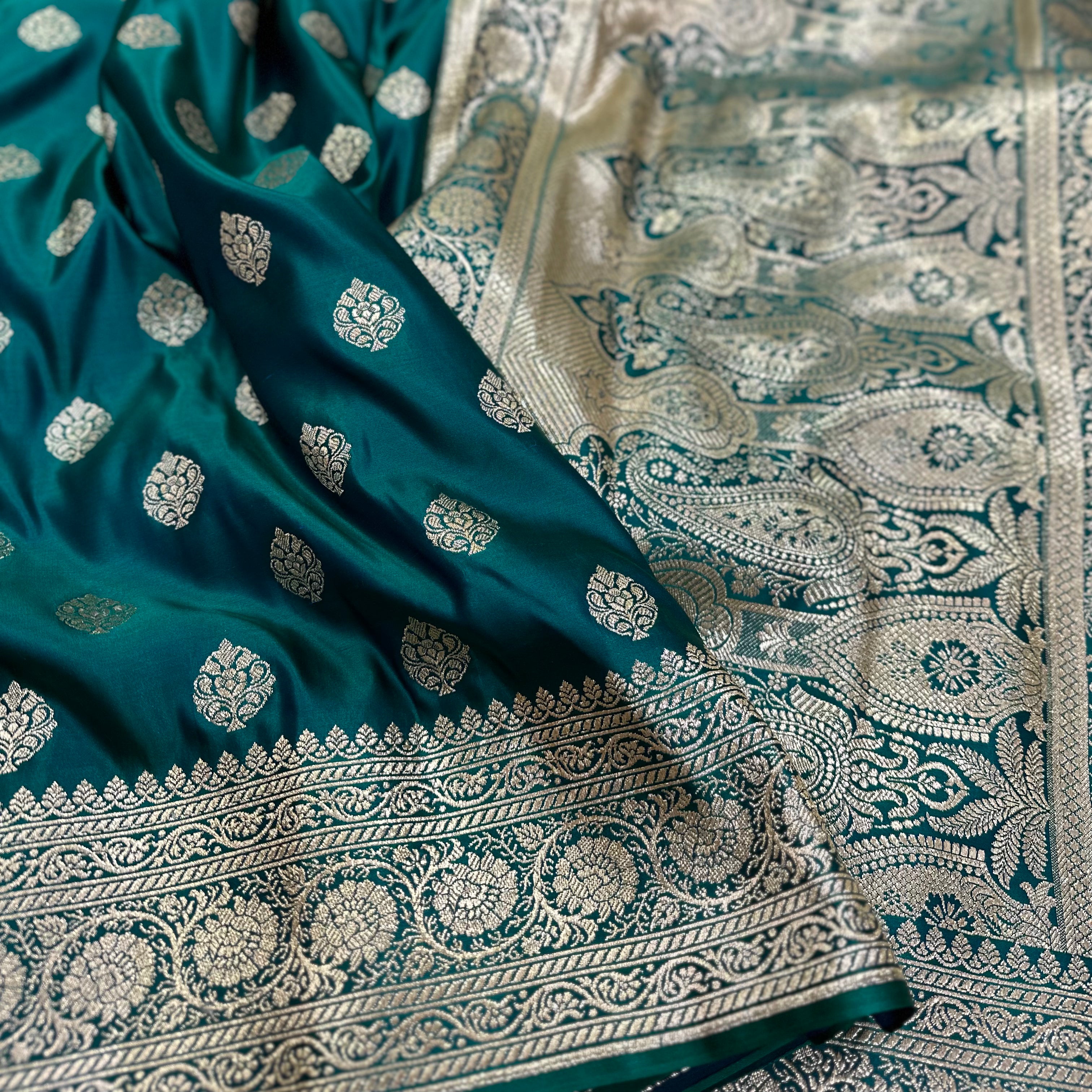 Boota Katan Silk Saree In Peacock Green Shades SK02