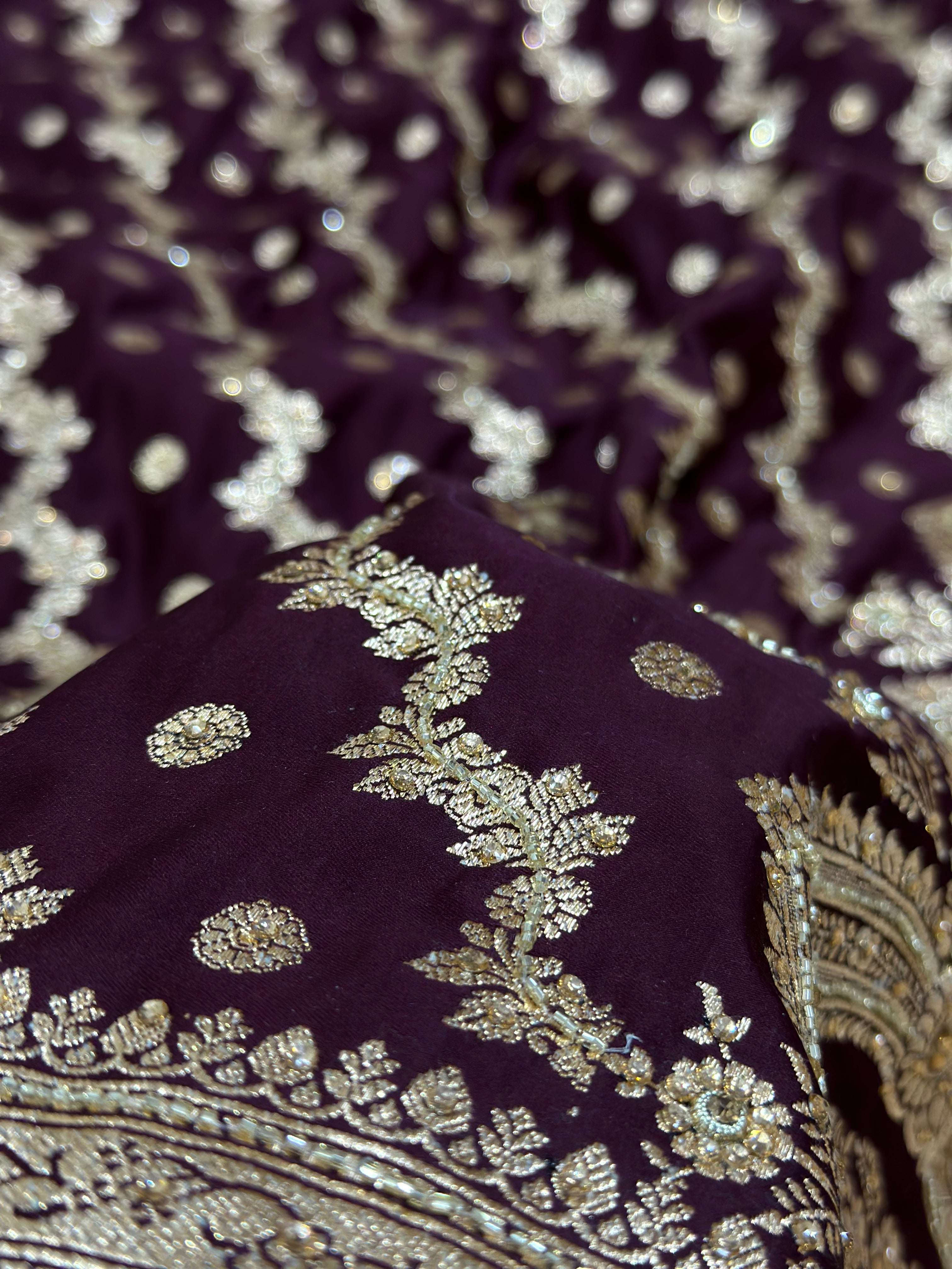 Chocolate Katan Silk Saree with Ari and Stone Work