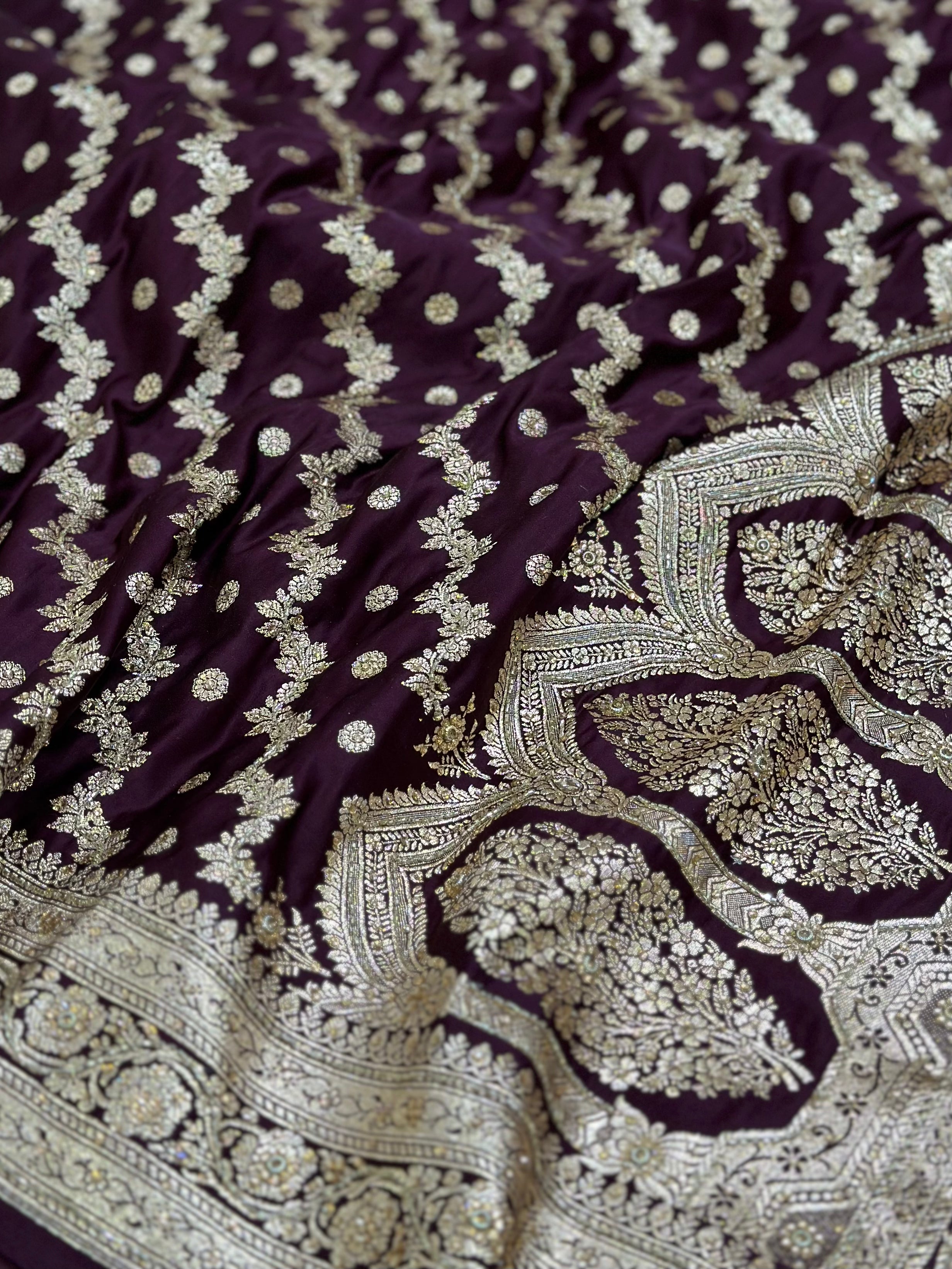 Chocolate Katan Silk Saree with Ari and Stone Work