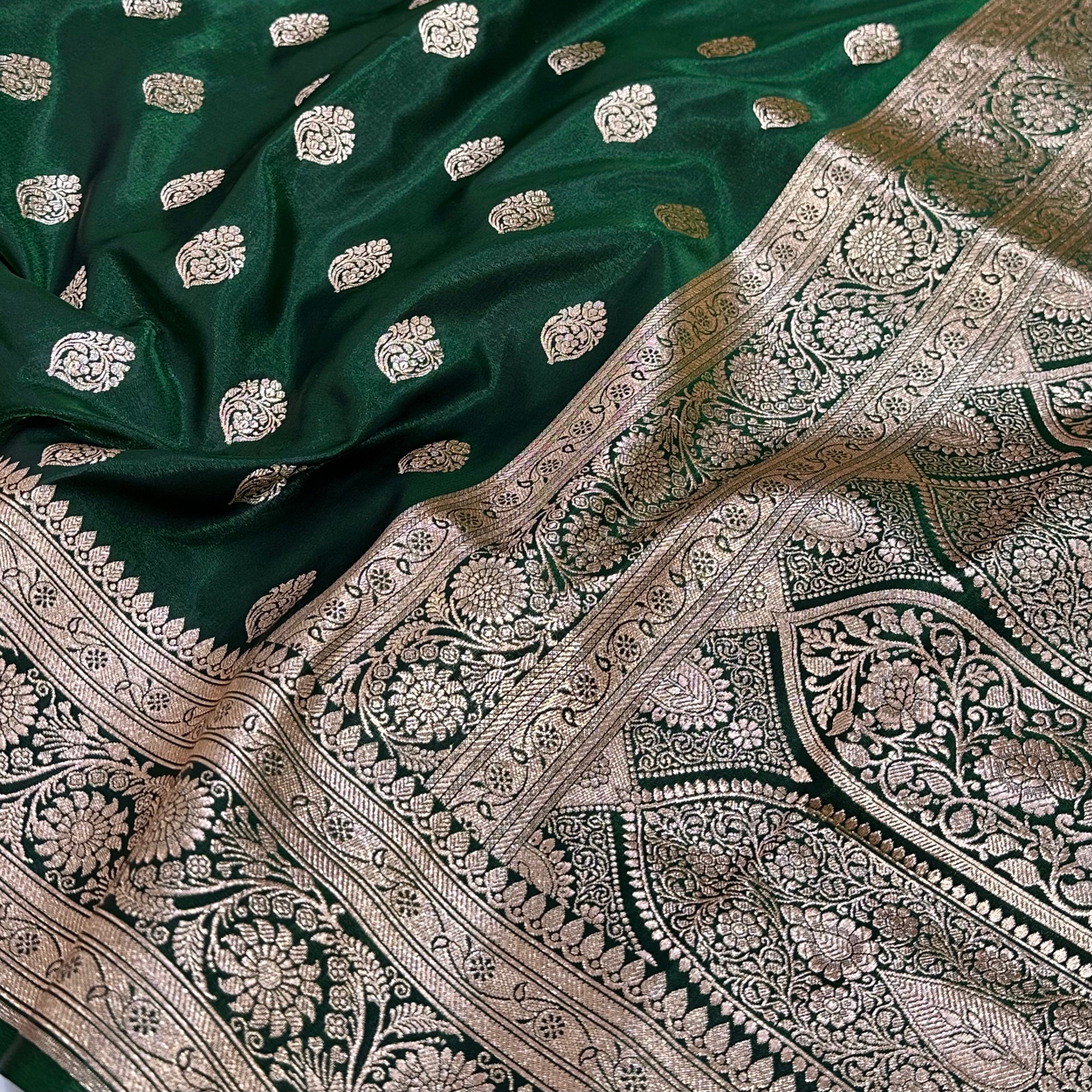 Ultra Light Weight Satin Silk Boota in Bottle Green Shades SS03