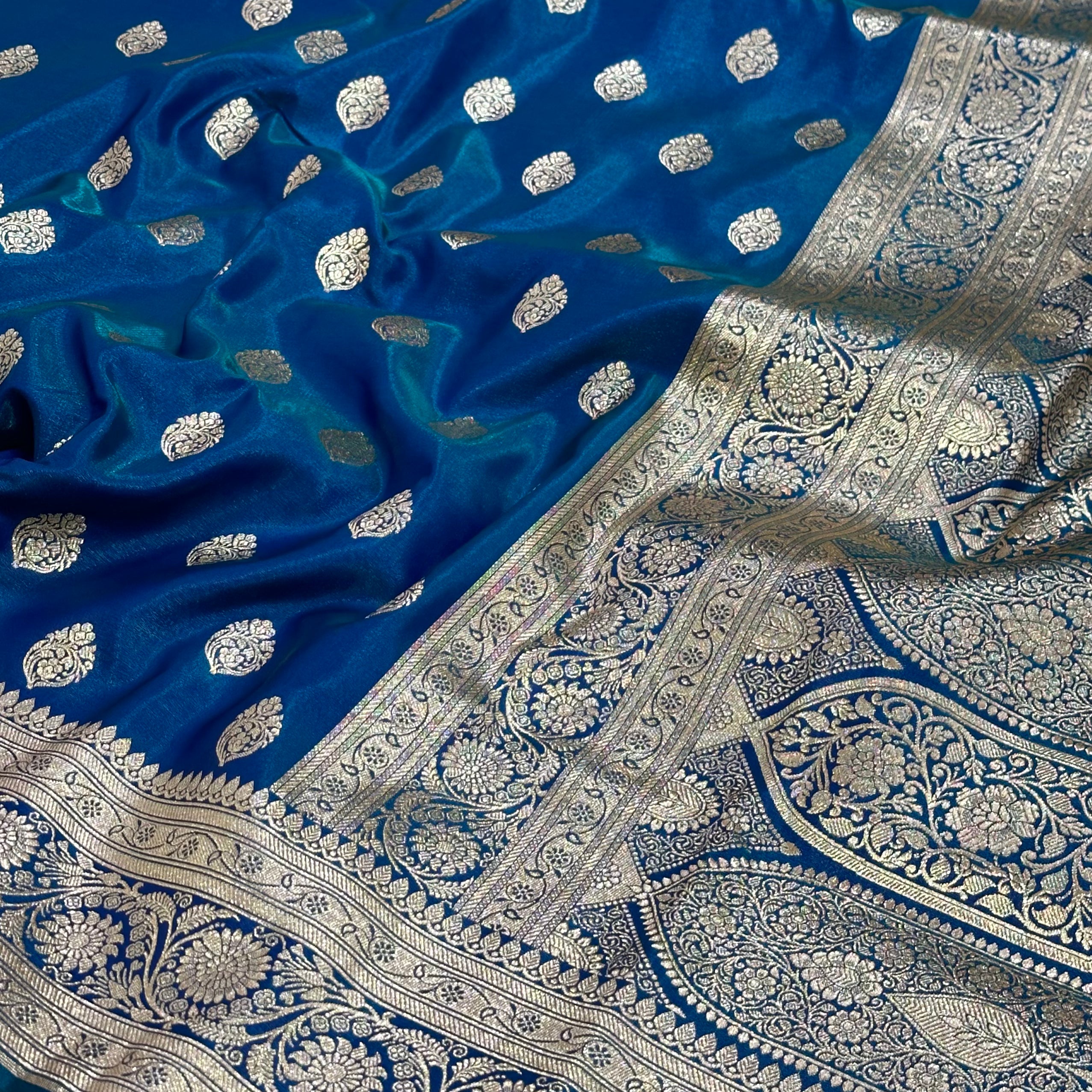 Ultra Light Weight Satin Silk Boota in Peacock Green Shades SS03