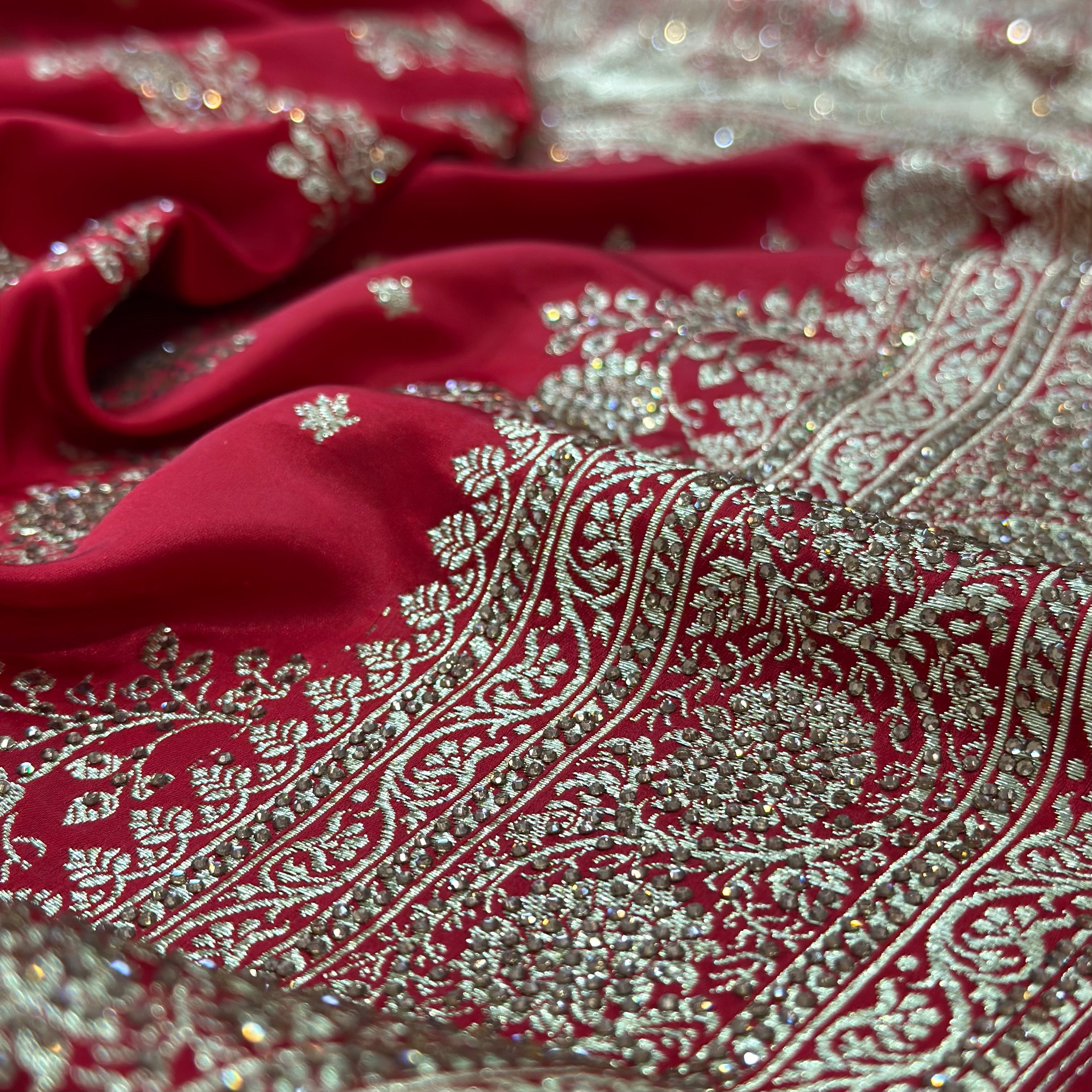 Bridal Red Katan Silk Saree with Heavy Swarovski Work