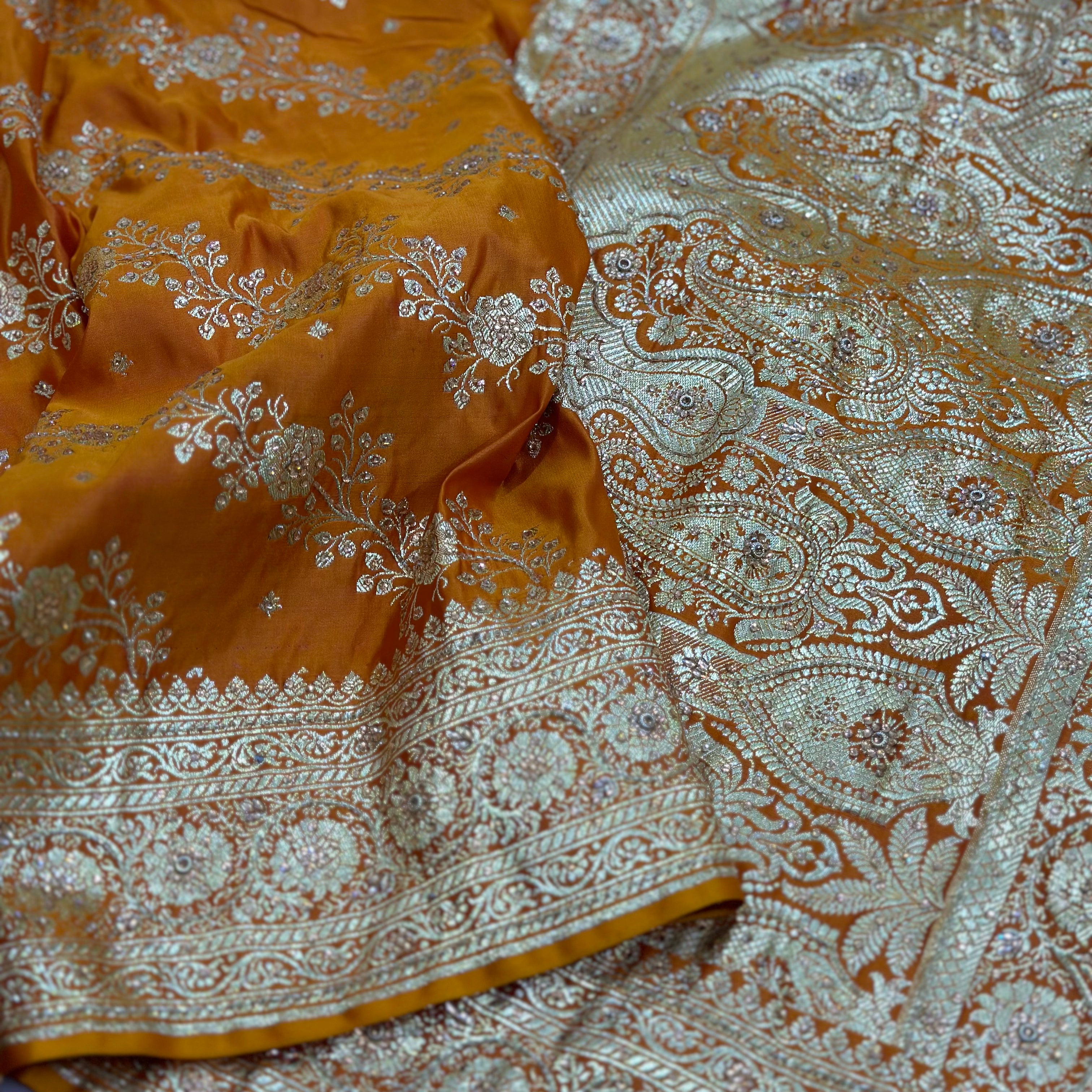Fire Gold Satin Katan Saree with Ari and Stone Work