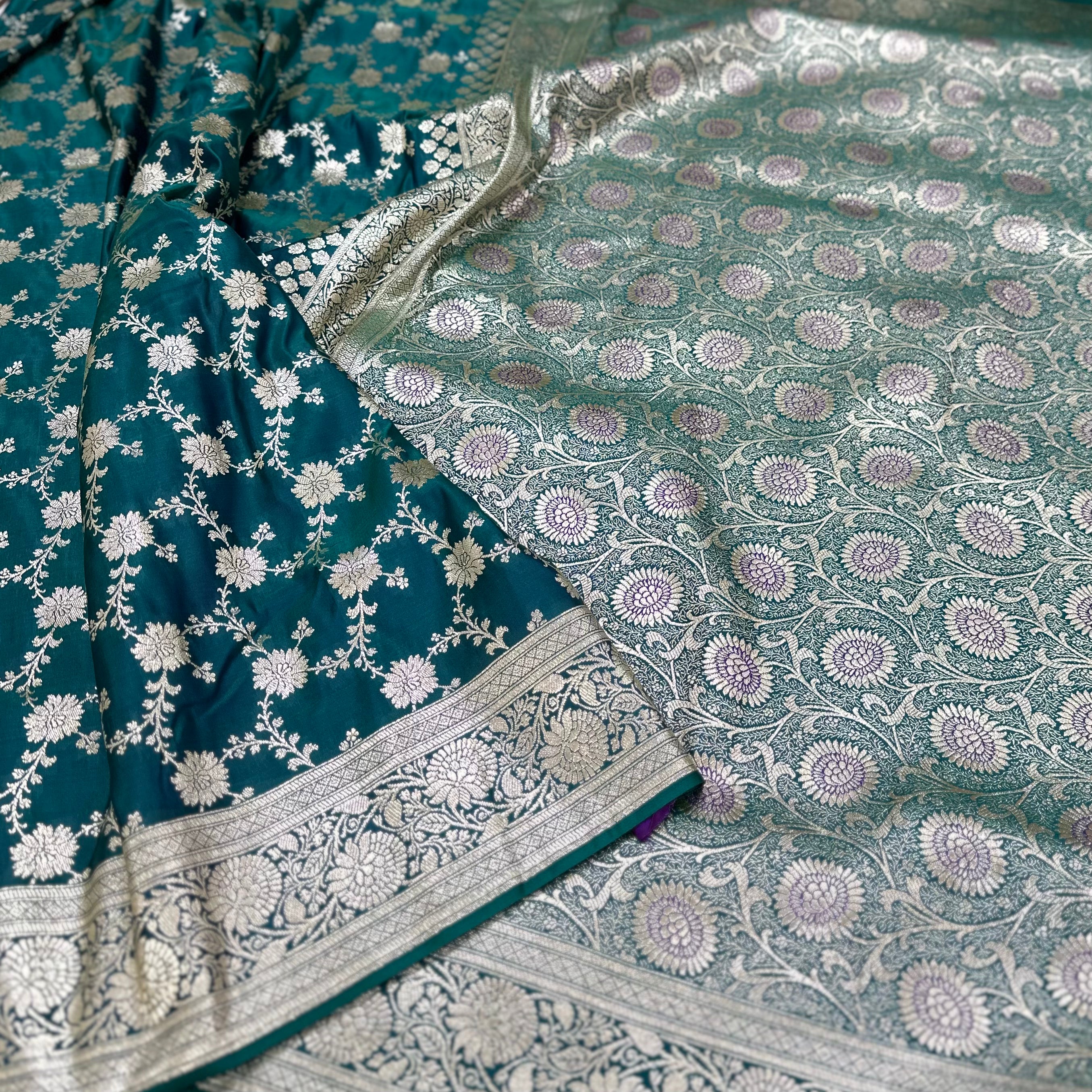 Katan Silk Saree In Peacock green Shades with Blouse
