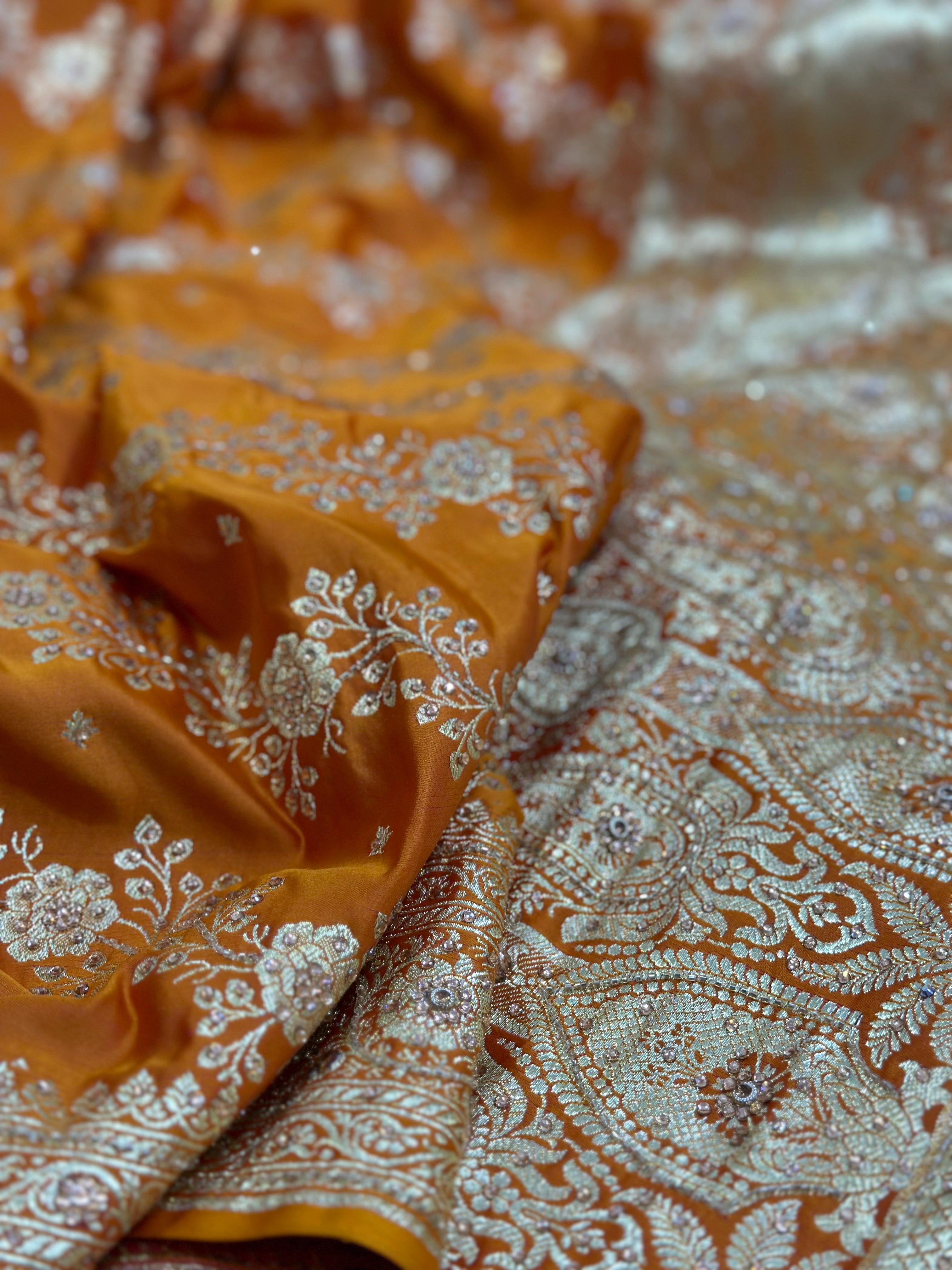 Fire Gold Satin Katan Saree with Ari and Stone Work