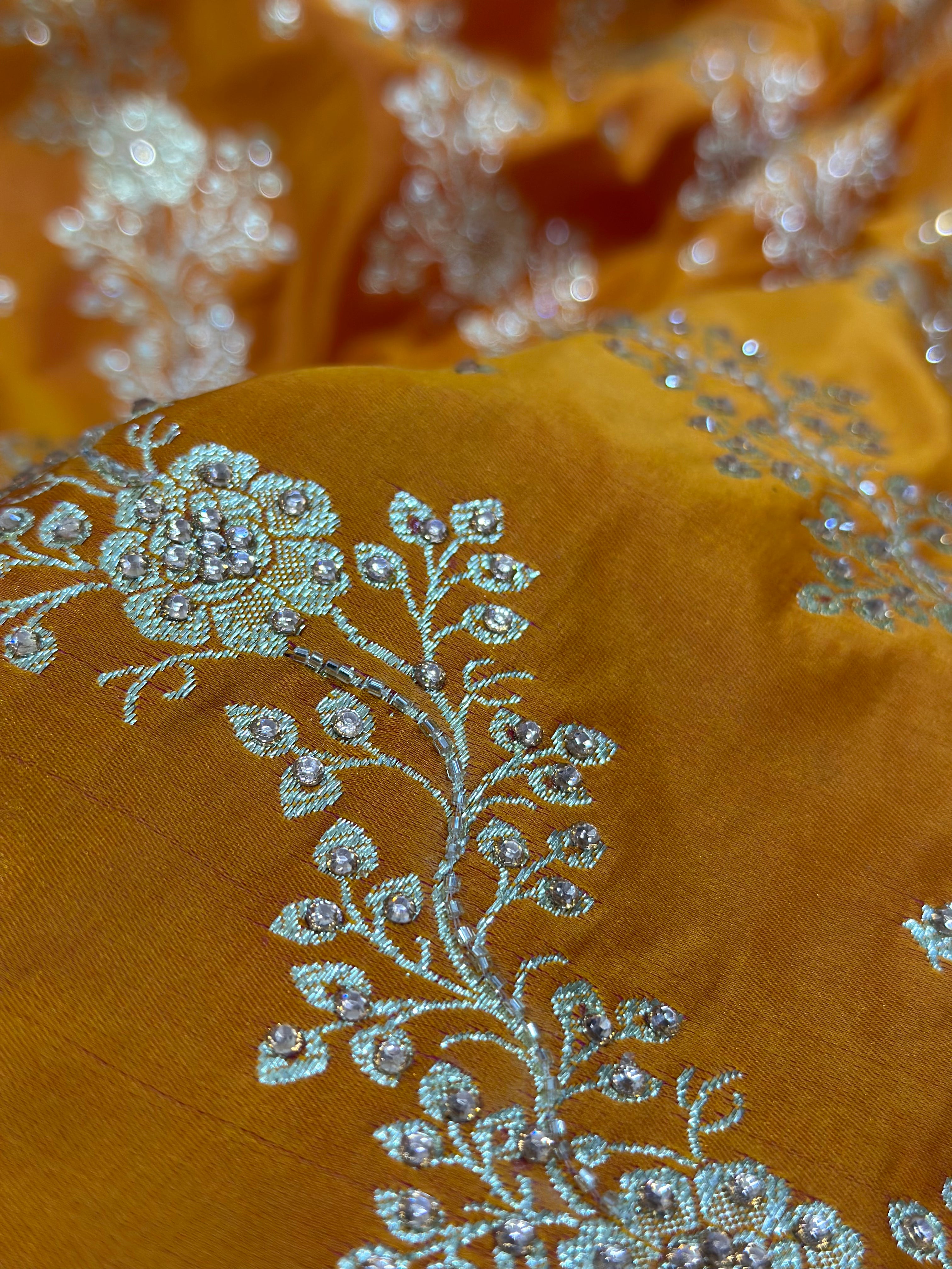Fire Gold Satin Katan Saree with Ari and Stone Work