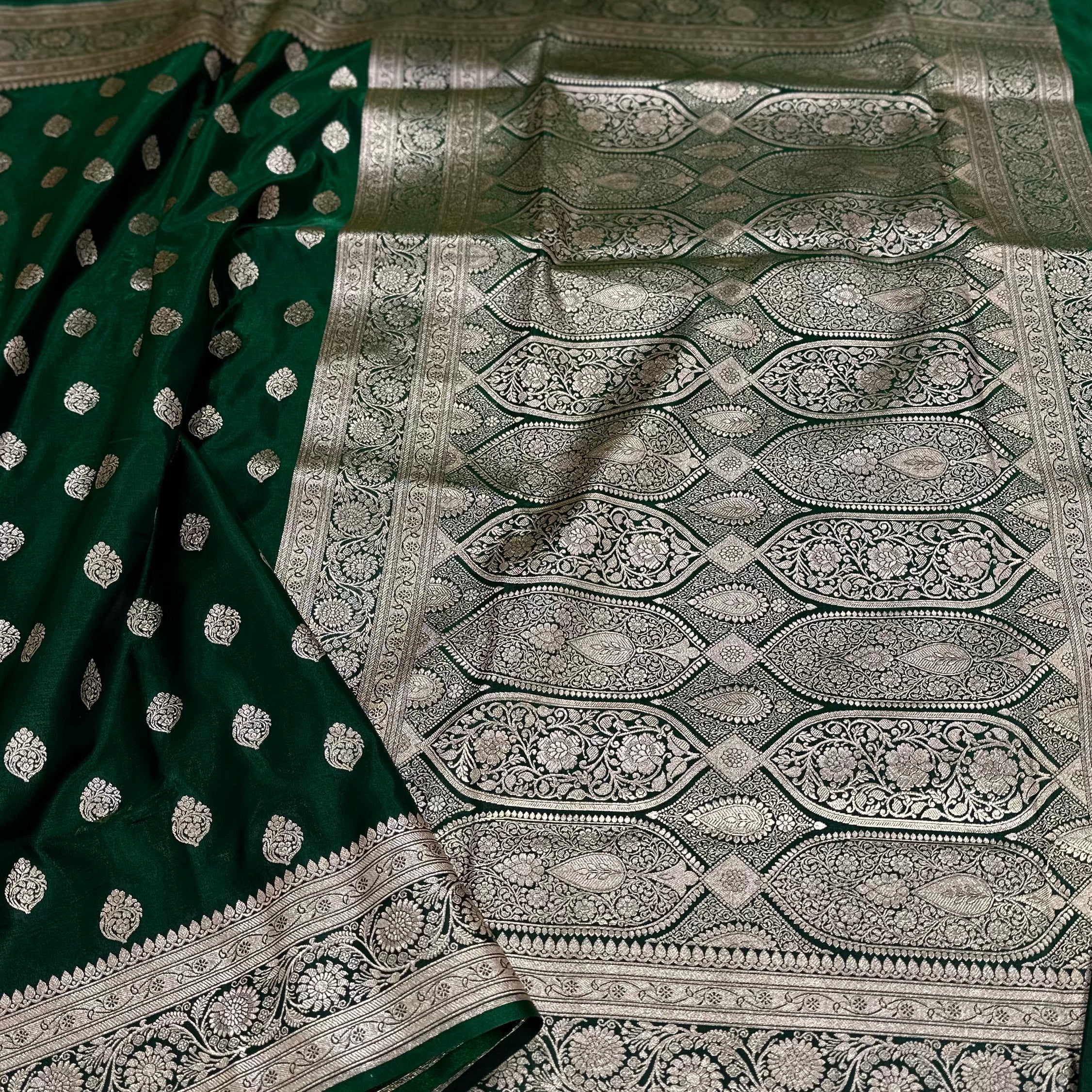 Ultra Light Weight Satin Silk Boota in Bottle Green Shades SS03