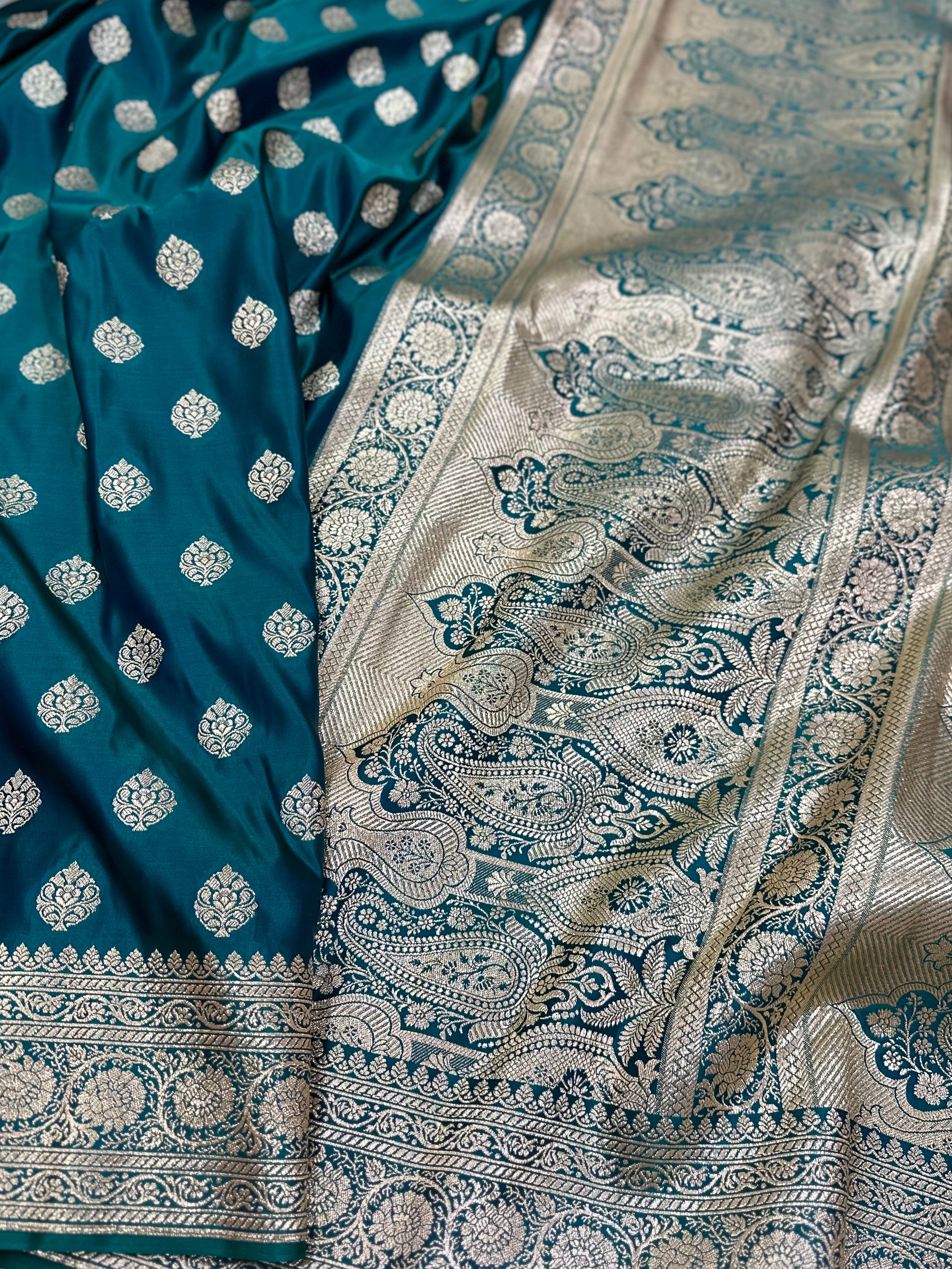 Boota Katan Silk Saree In Peacock Green Shades SK02