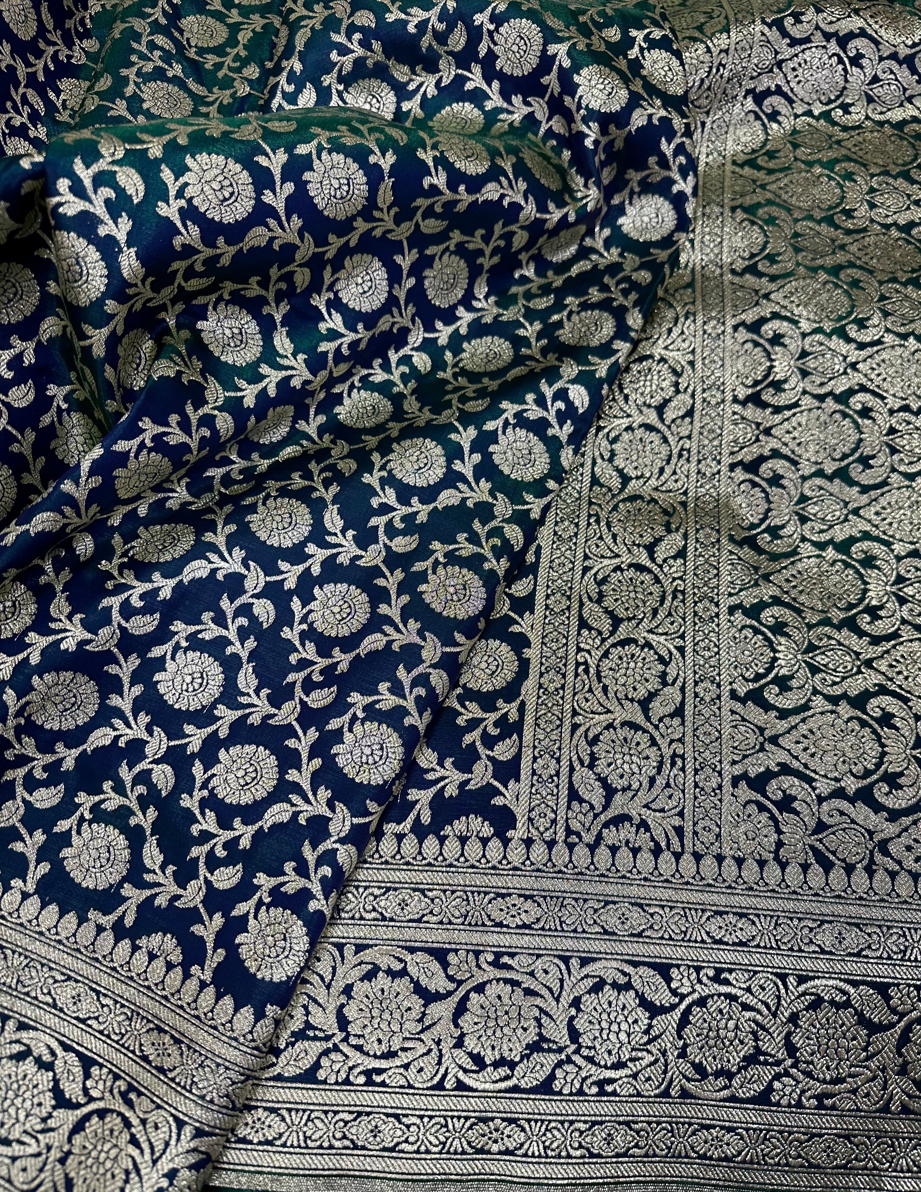 Satin Silk Jaal in Peacock Green Shades