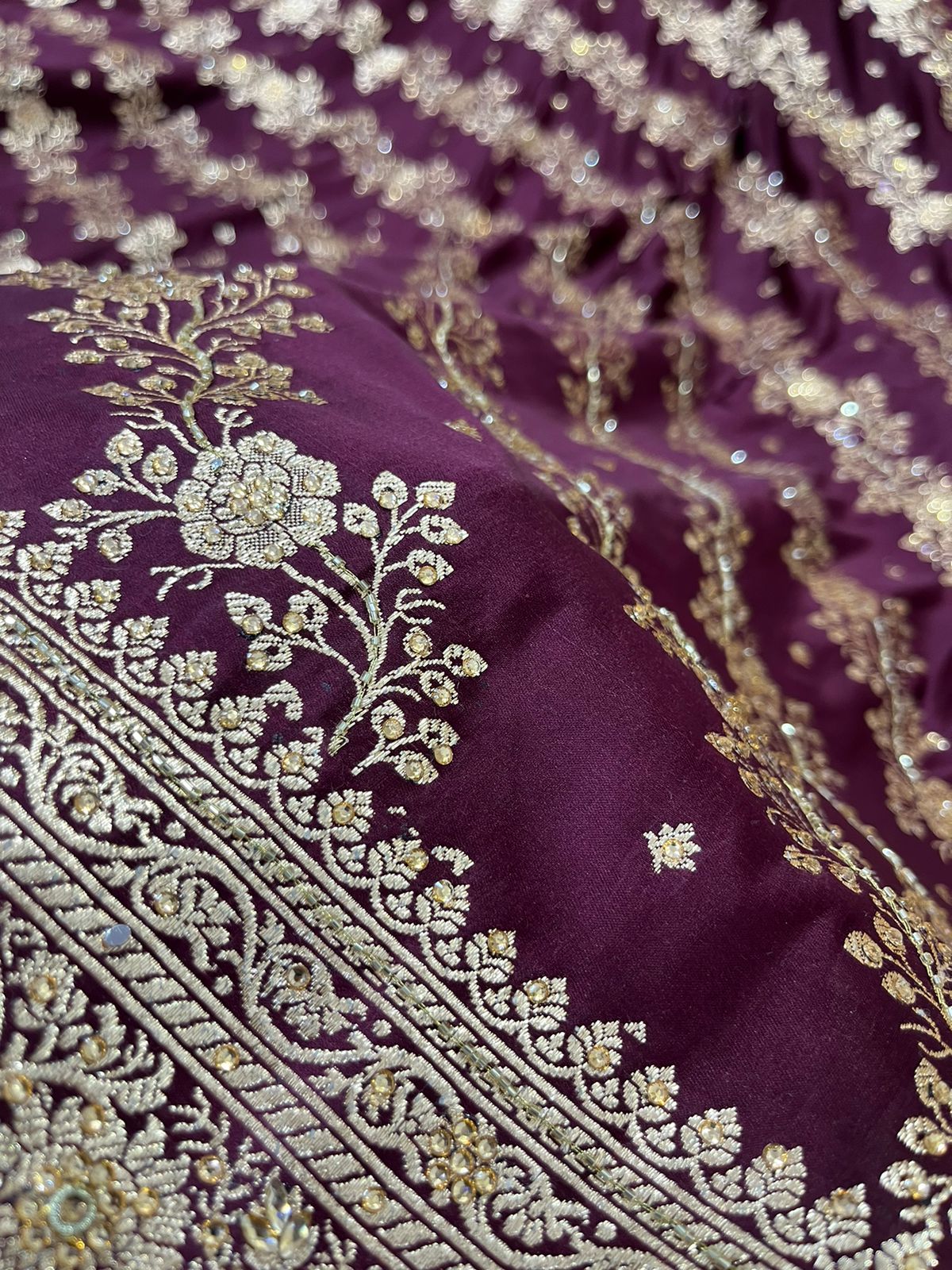 Garnet Katan Silk Saree with Ari and Stone Work