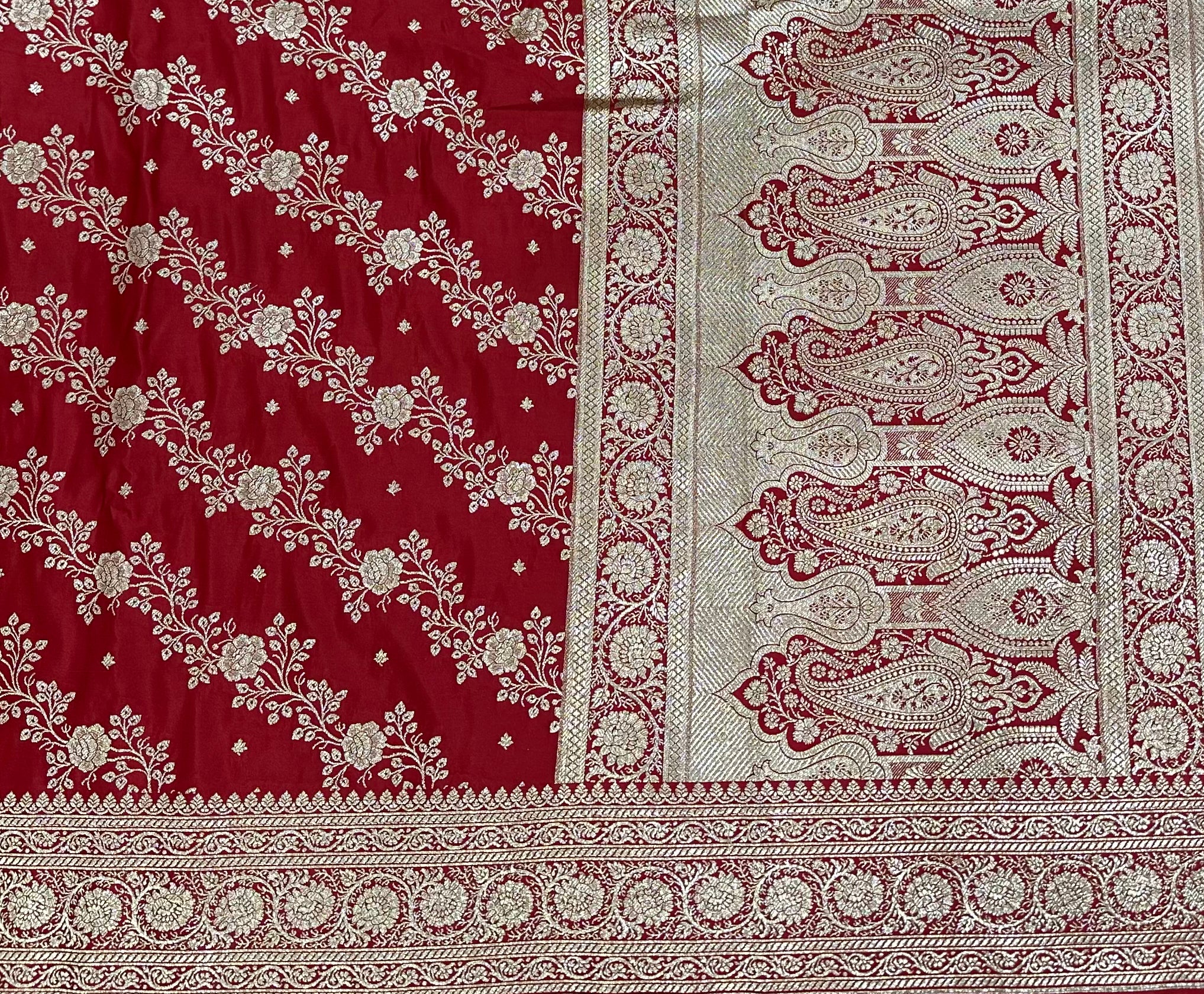 Cross Katan Silk Saree In Red Shades