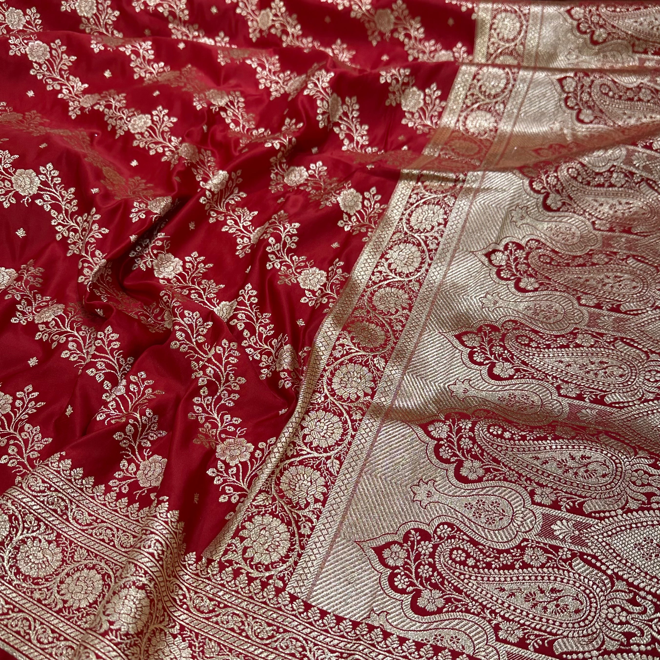 Cross Katan Silk Saree In Red Shades