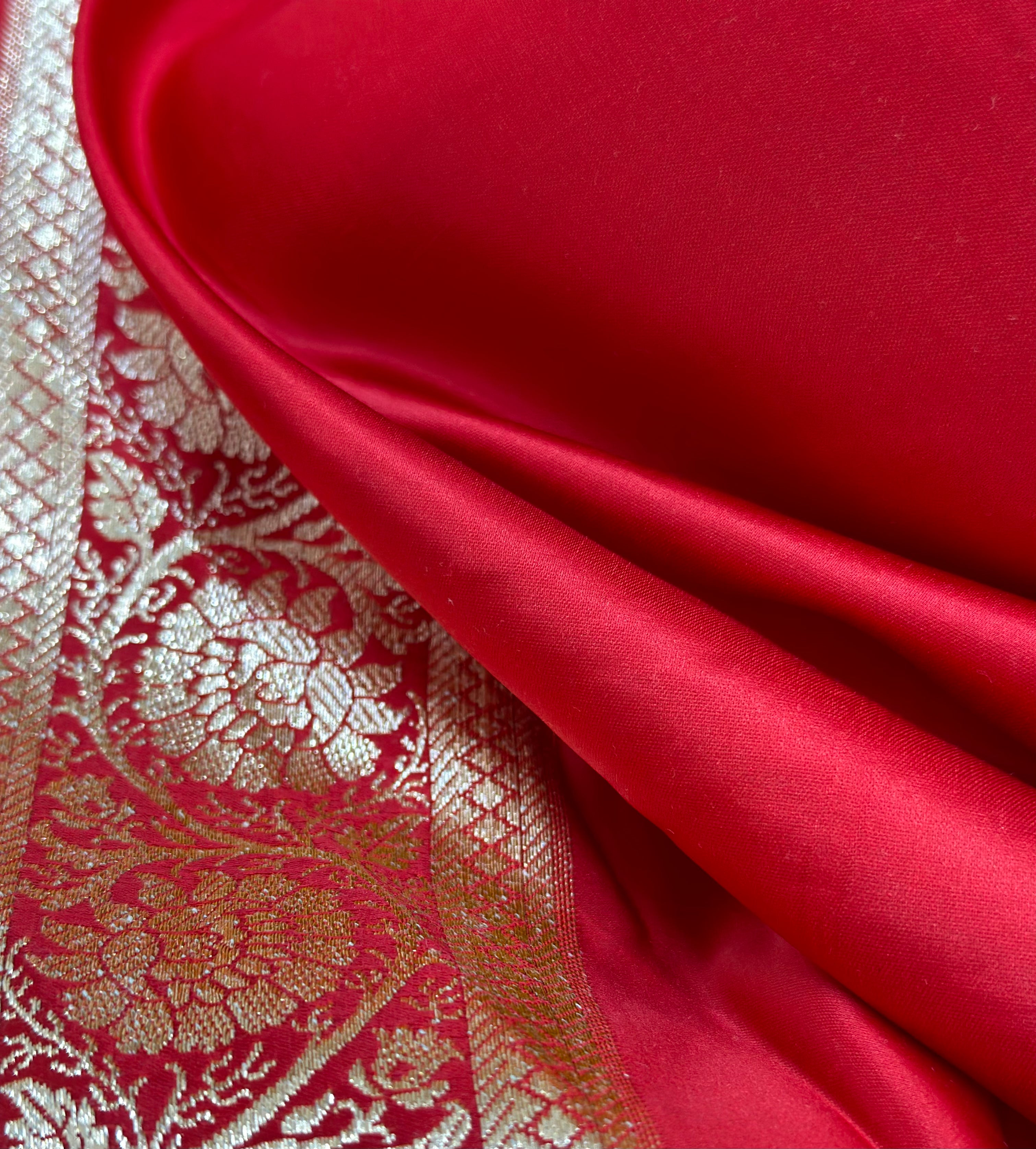Cross Katan Silk Saree In Red Shades