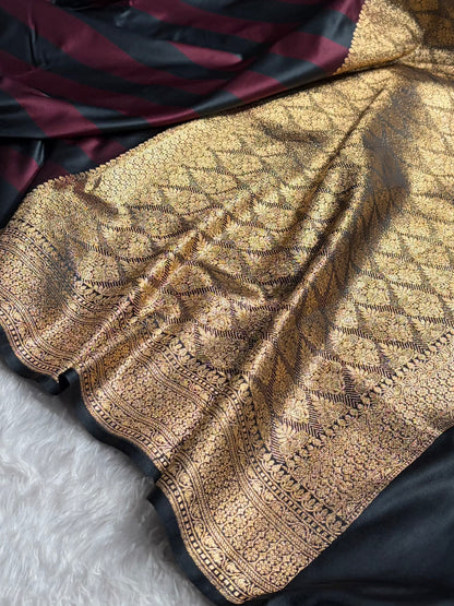 Dark Garnet With Black Horizontal Strips Floral Border & Brocade Blouse Mashru Silk Saree MSM-84