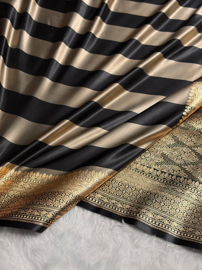 Gray With Black Horizontal Strips Floral Border & Brocket Blouse Mashru Silk Saree MSM-84