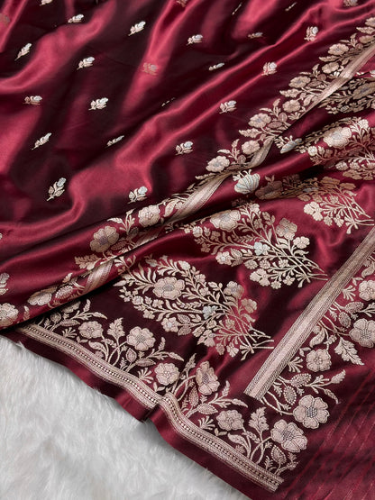 Garnet Boota With Floral Border Mashru Silk Saree MSM-85