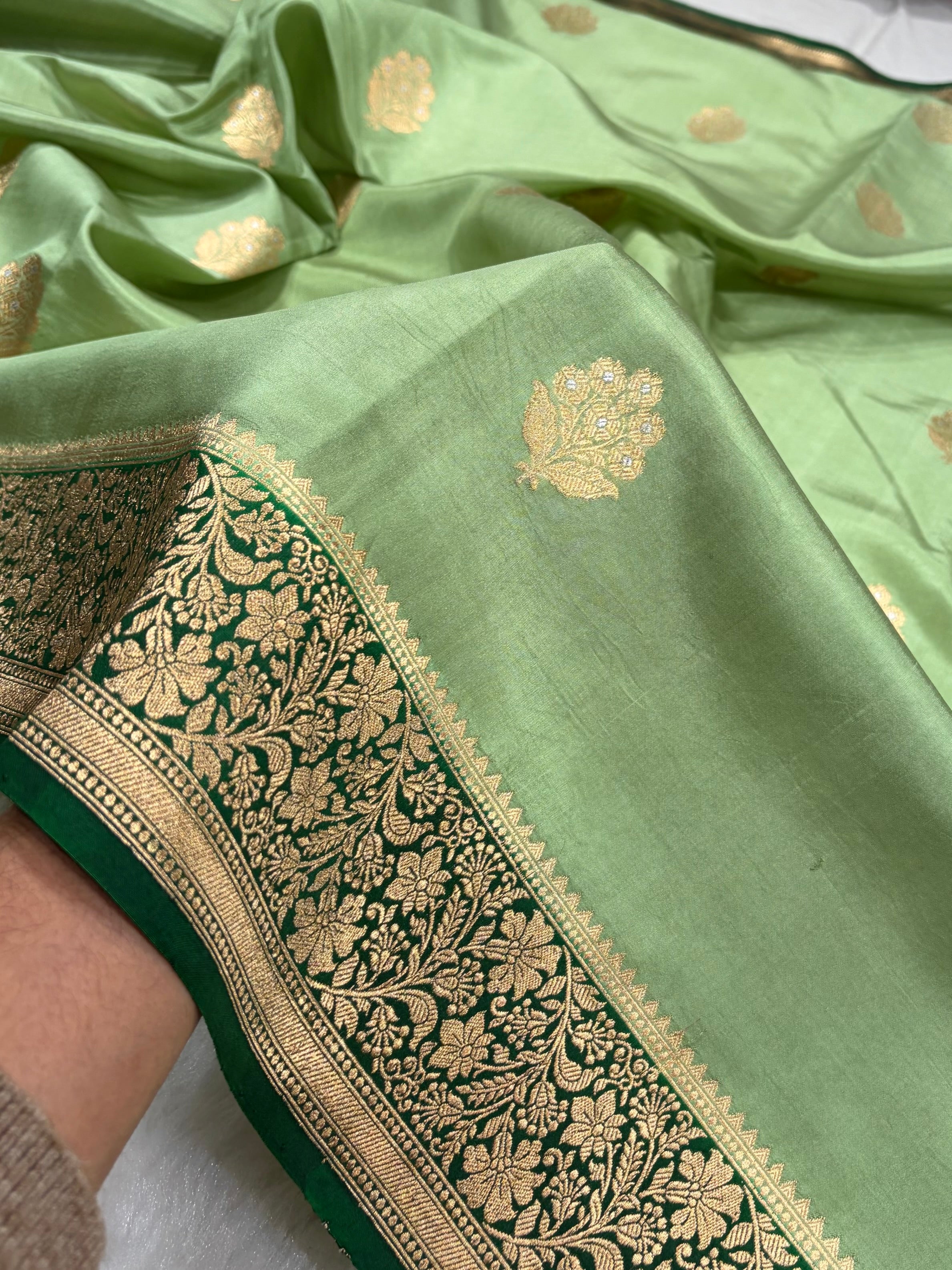 Banarasi Pista Green With Chocolate Contrast Shades Meenakari Boots Handwoven Pure Paper Silk Saree RM-90