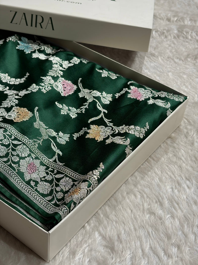 Dark Bottle Green Shades Minakari Jaal Mashru Silk Saree MCS48