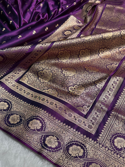 Cross Purple Booti Pattern Satin Katan Silk Saree SK54