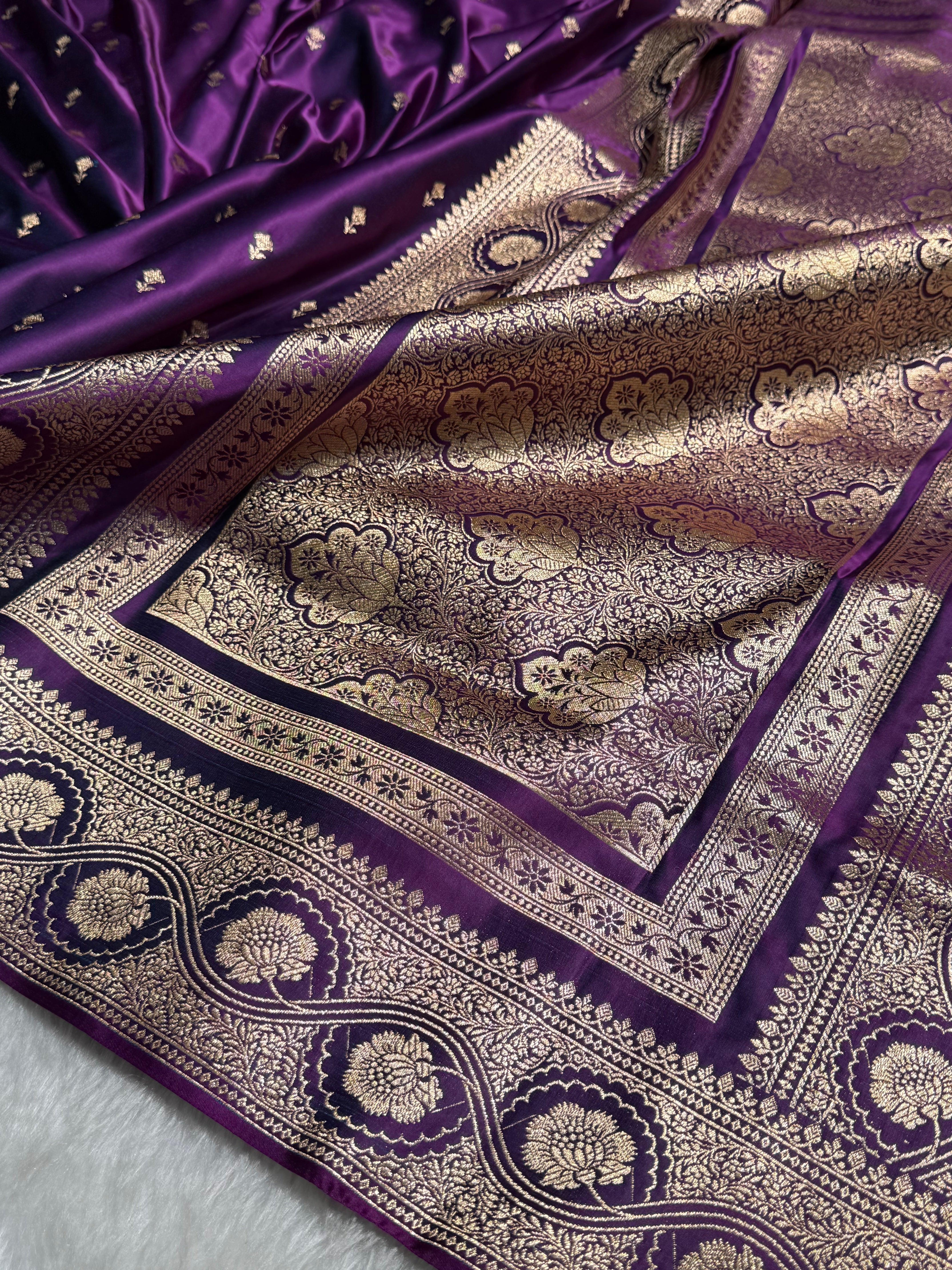 Cross Purple Booti Pattern Satin Katan Silk Saree SK54