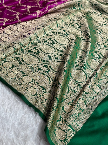 Banarasi Satin Katan Saree With Boota in Contrast Wine With Green Shades SK115